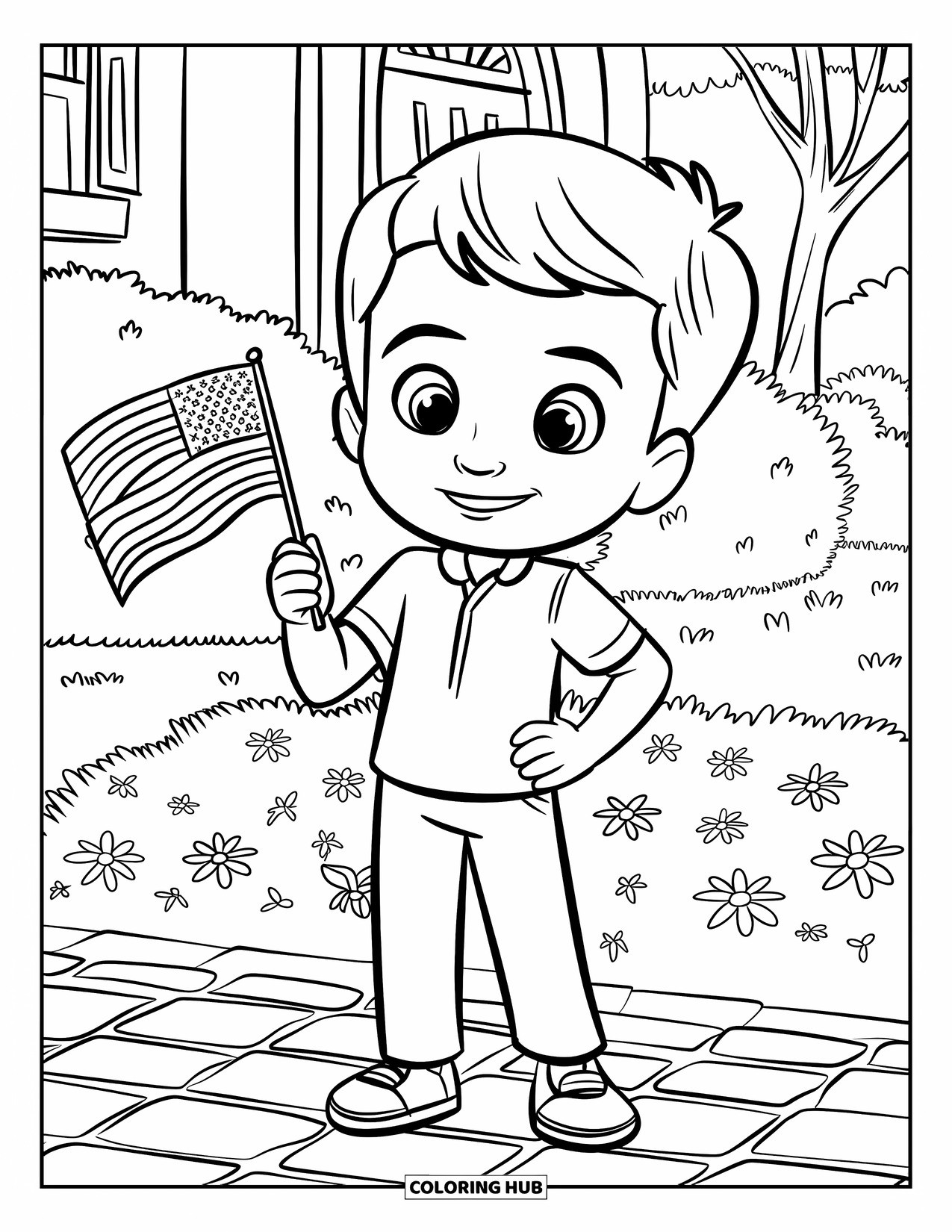 July Coloring Page for Kids: Boy stands on brick path waving flag near house and bushes