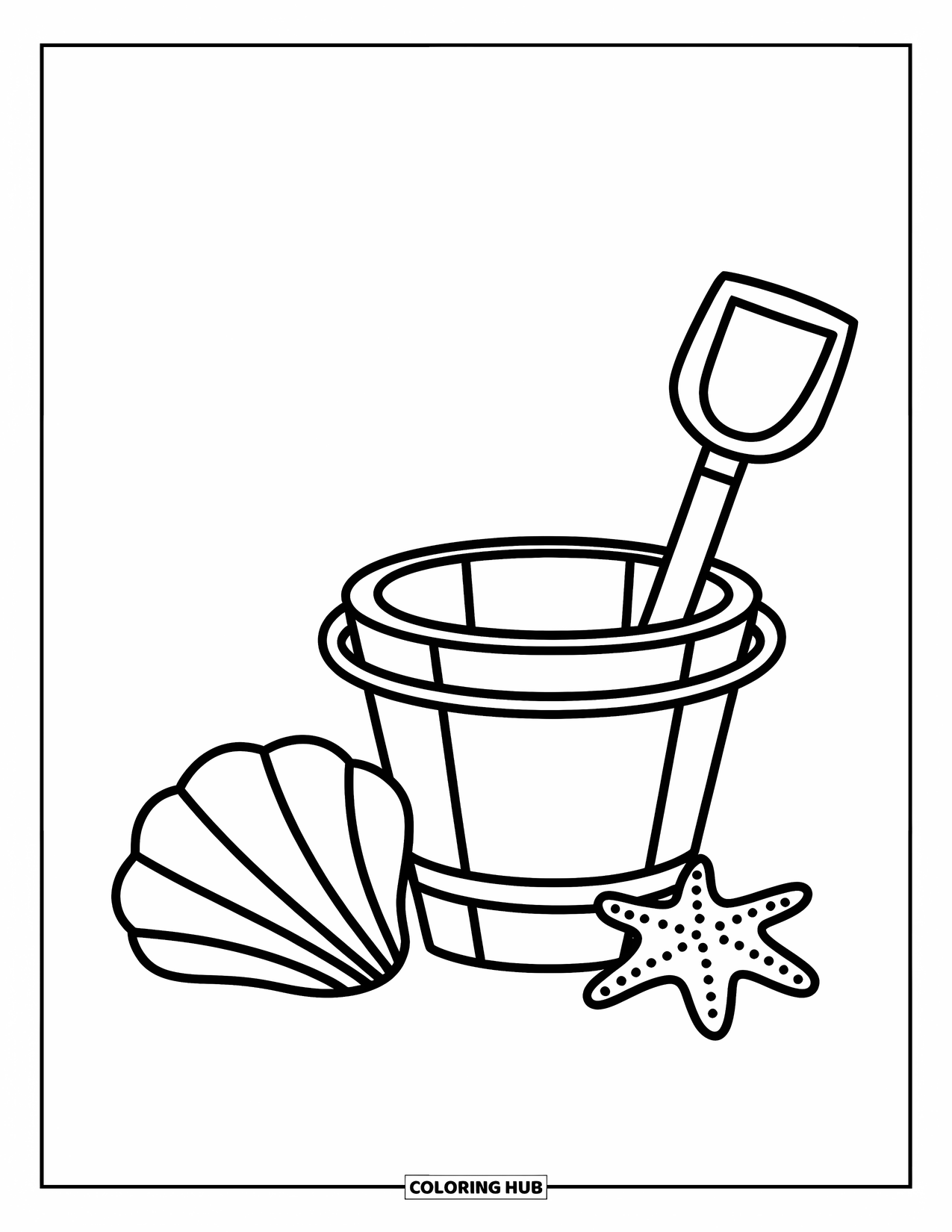July Coloring Page for Kids: Bucket and shovel rest beside seashell and starfish on the sand