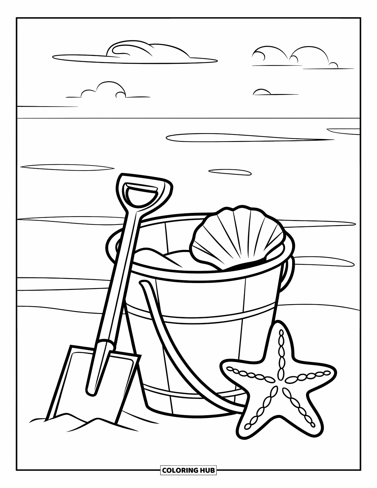 July Coloring Page for Kids: Bucket and shovel sit on sand with seashell, starfish, and calm sea