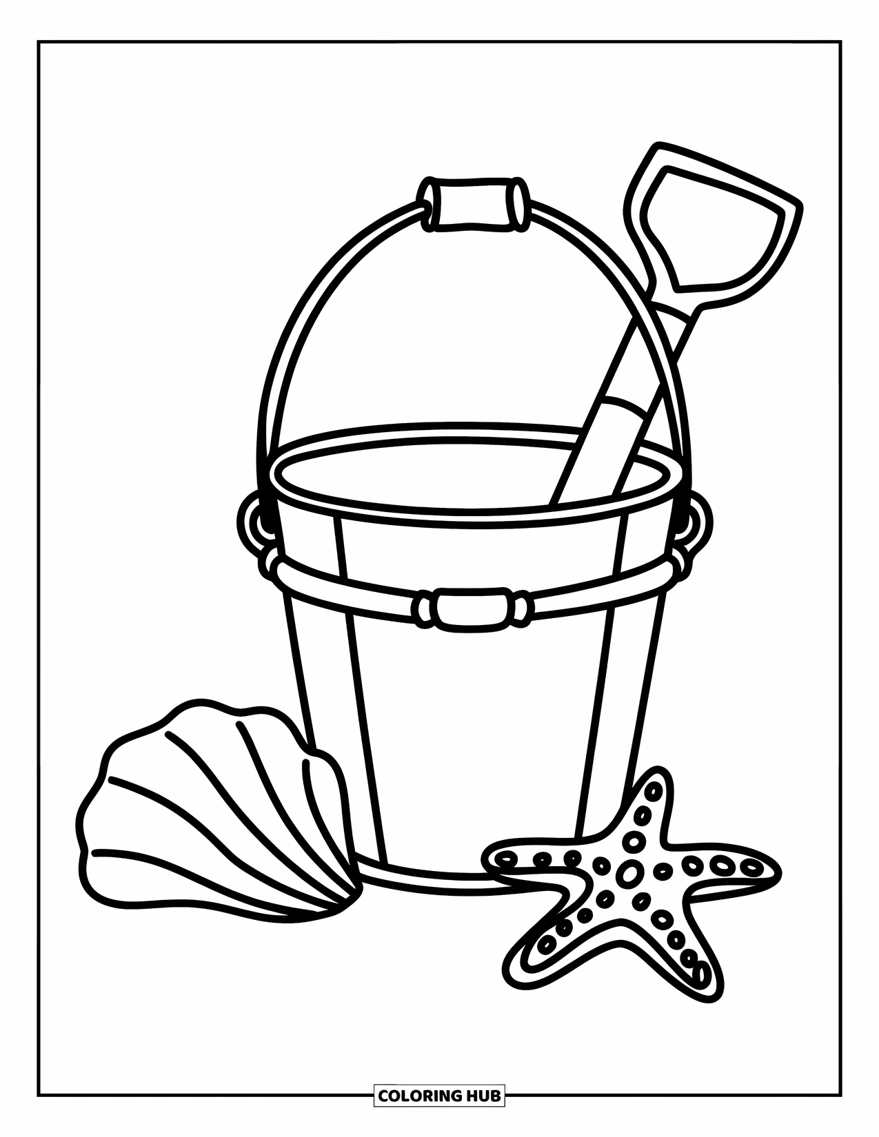 July Coloring Page for Kids: Bucket and shovel with seashell and starfish close together
