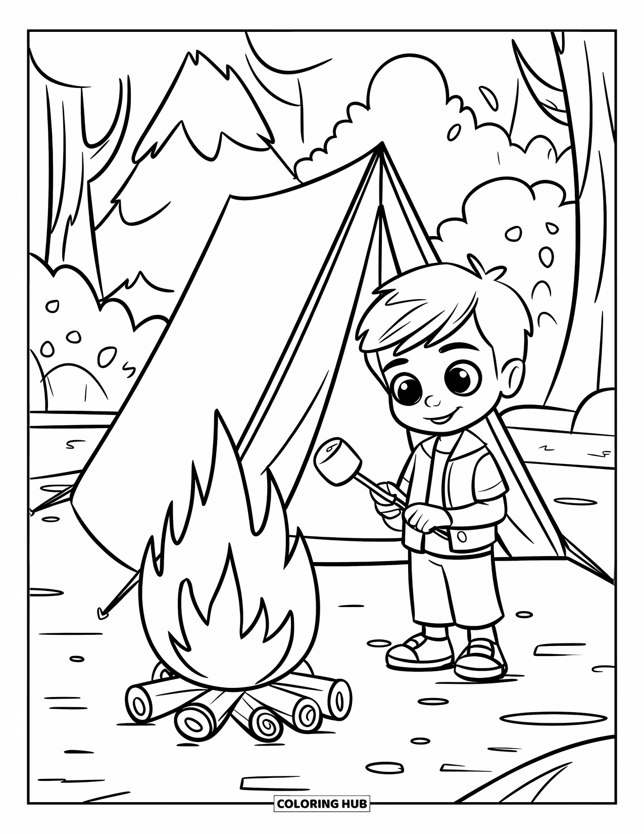 July Coloring Page for Kids: Camping scene with tent, campfire, and boy roasting marshmallow