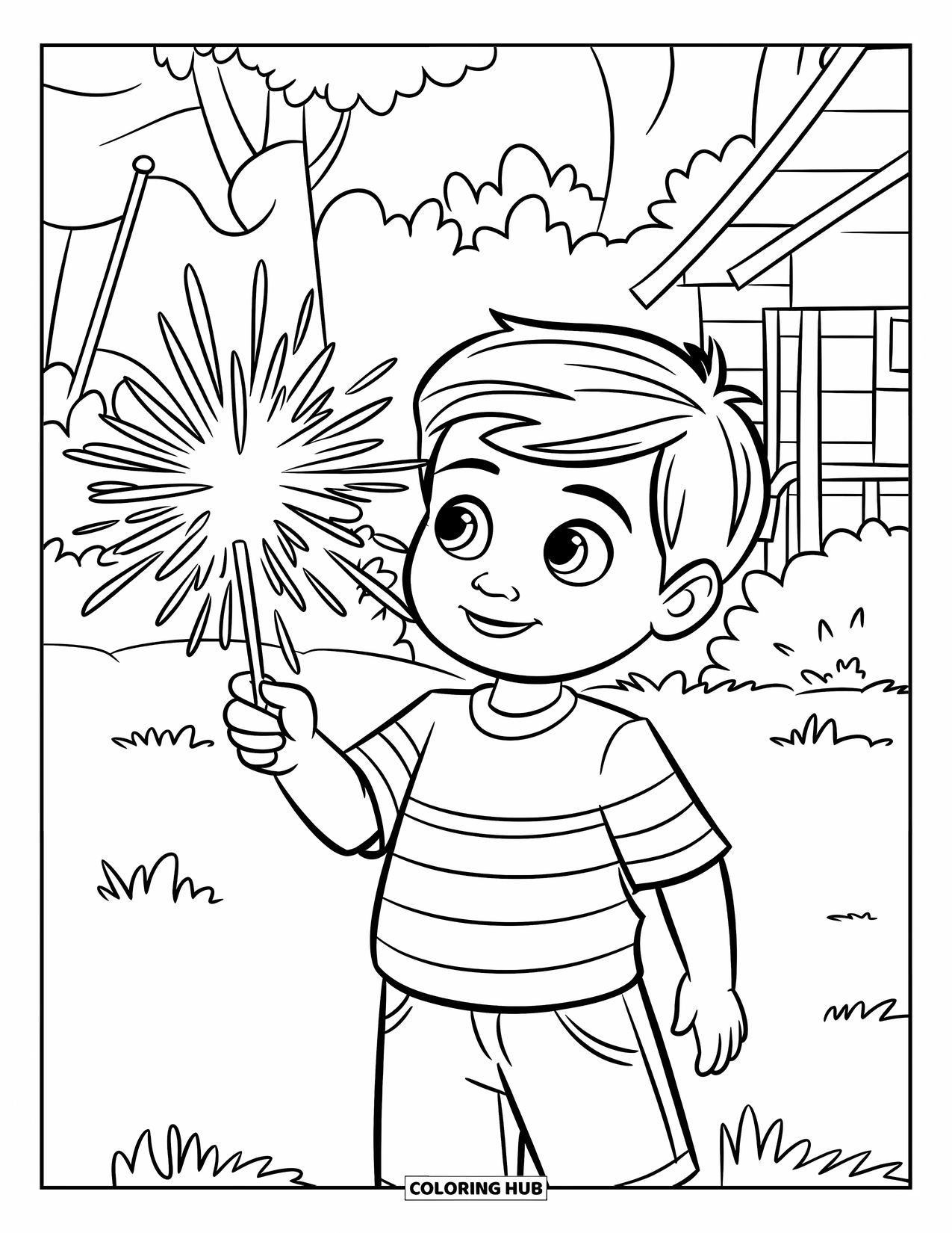July Coloring Page for Kids: Child lights sparkler at backyard 4th of July party with flag and house