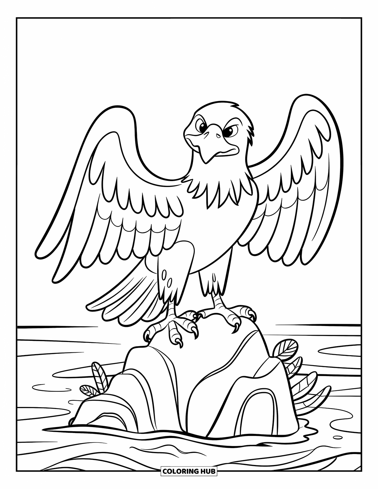July Coloring Page for Kids: Eagle perched on rock with wings out near water and plants