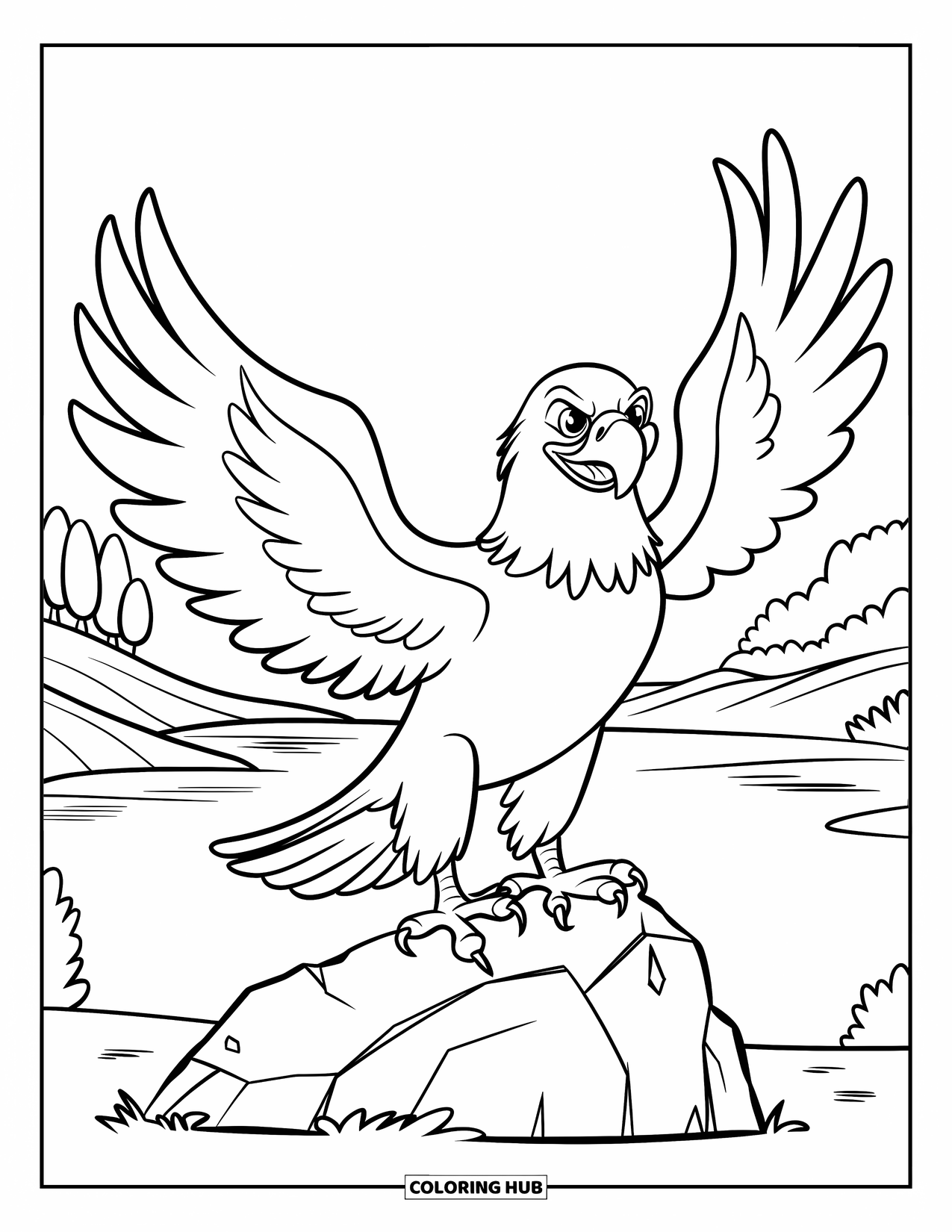 July Coloring Page for Kids: Eagle stands tall on rock by hills, trees, and calm lake