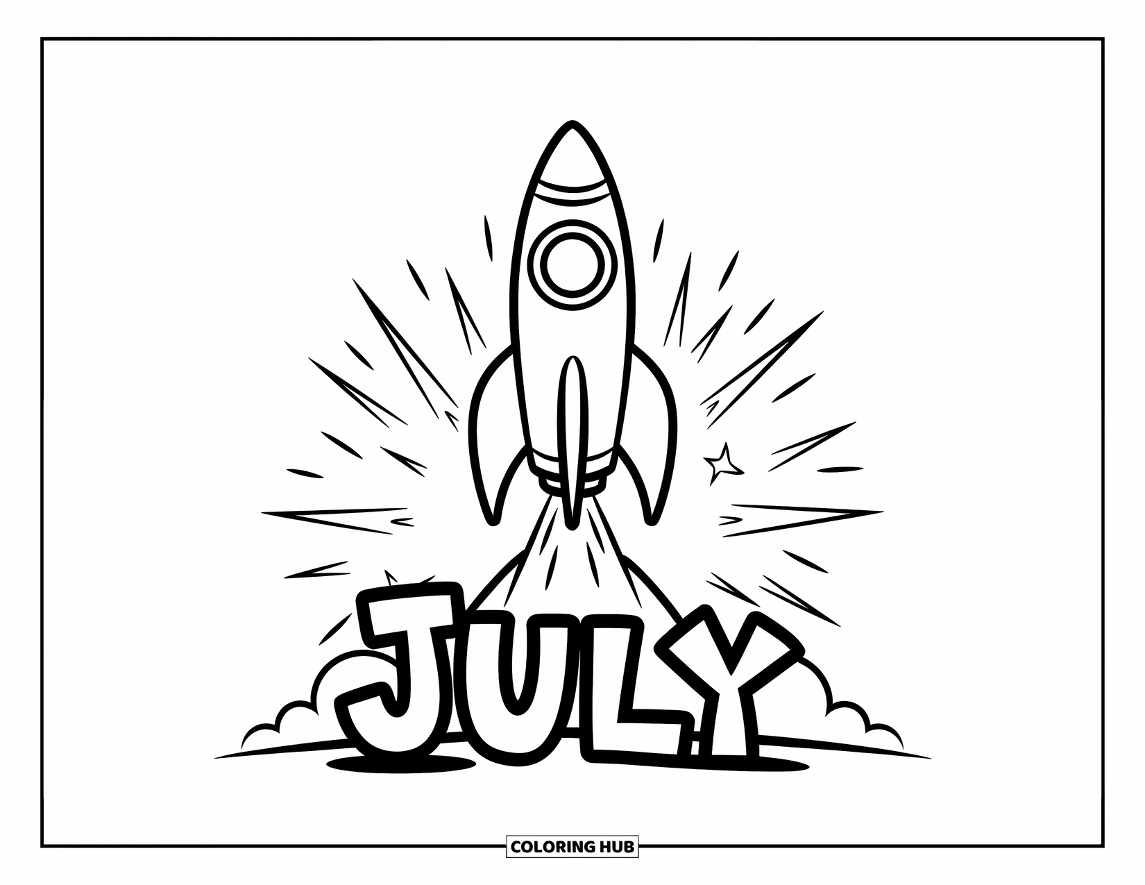 July Coloring Page for Kids: Firework rocket launches with big ìJulyî written in front