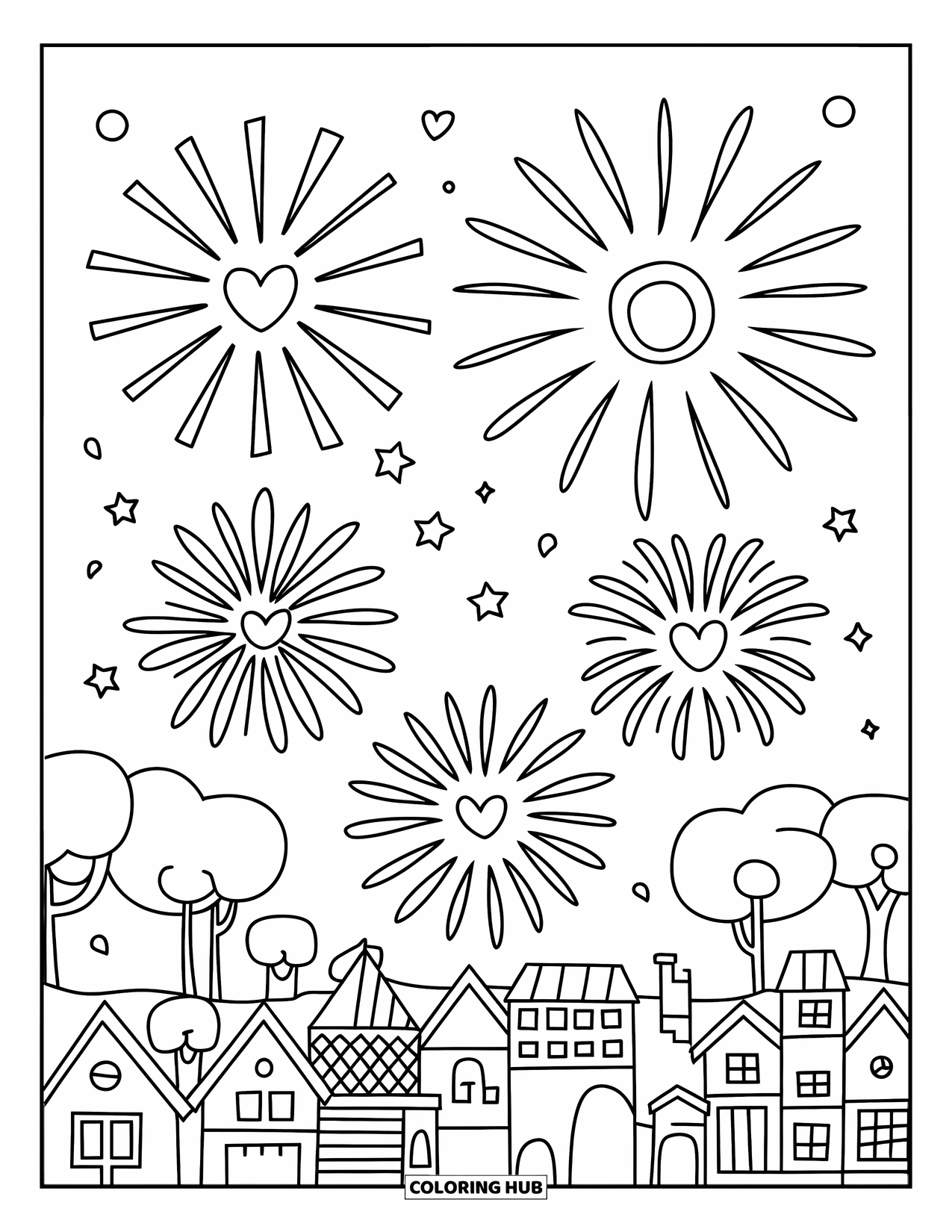 July Coloring Page for Kids: Fireworks burst above small town with houses, trees, and bridge