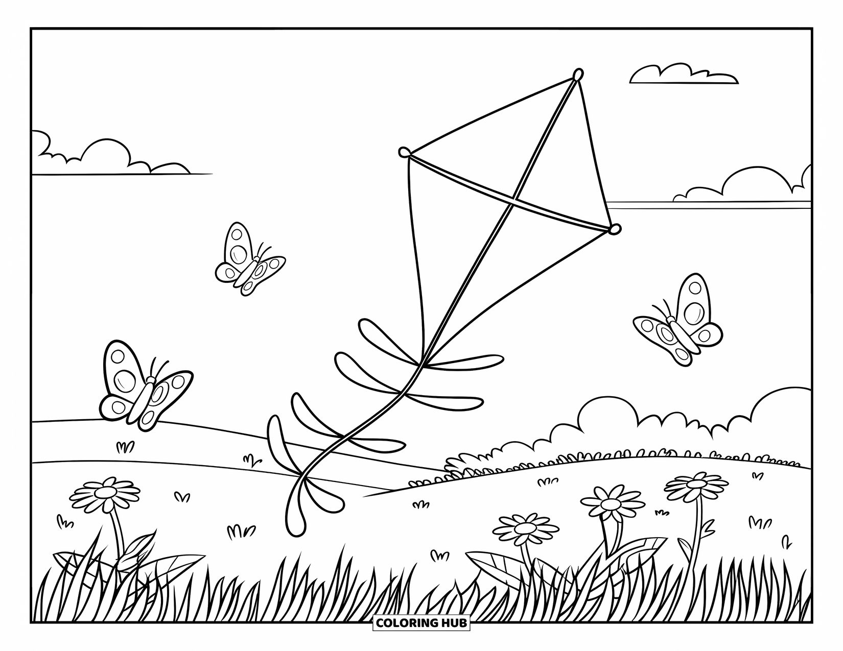 July Coloring Page for Kids: Kite soars above grassy field with butterflies and few clouds