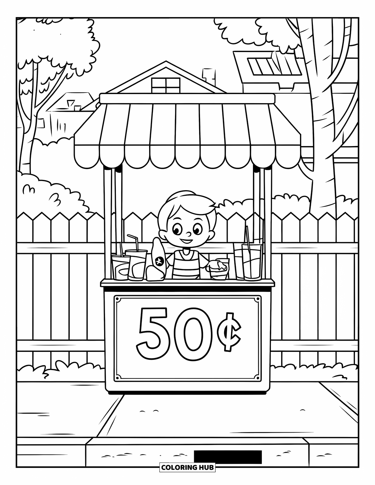 July Coloring Page for Kids: Lemonade stand on sidewalk with child, sign, fence, and trees