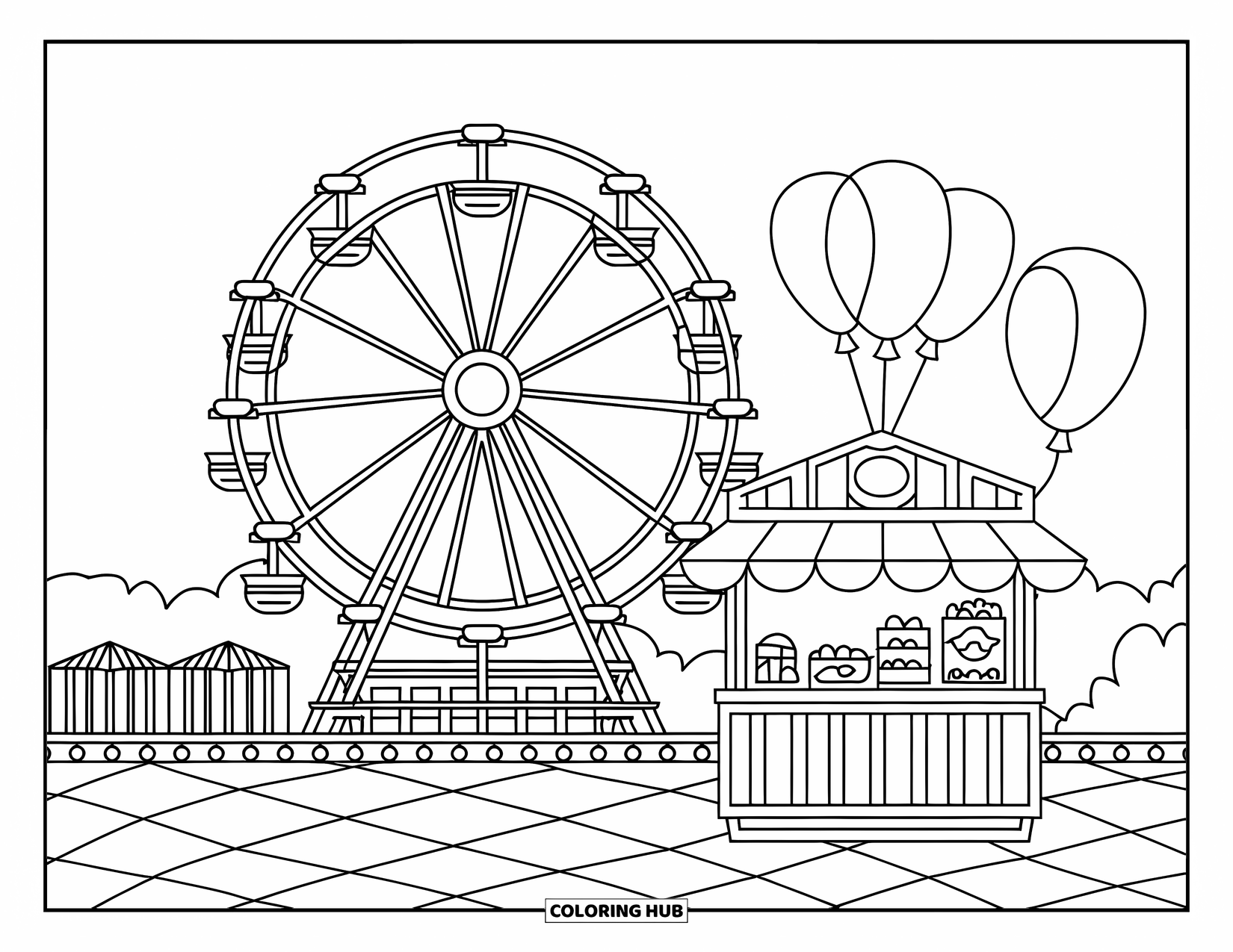 July Coloring Page for Kids: Outdoor fair with Ferris wheel, balloons, and snack stand
