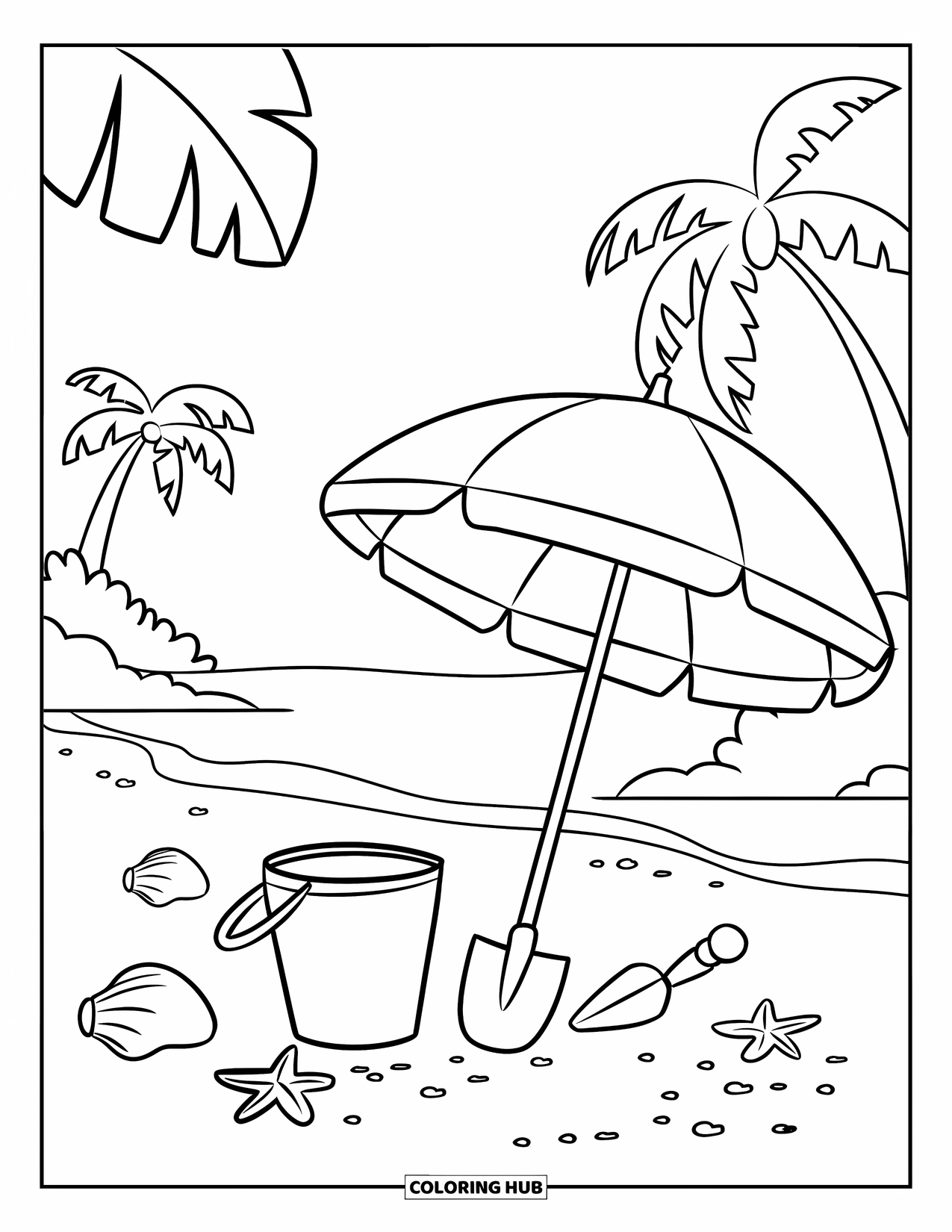 July Coloring Page for Kids: Pail, shovel, umbrella, and seashells scattered on beach near palm trees