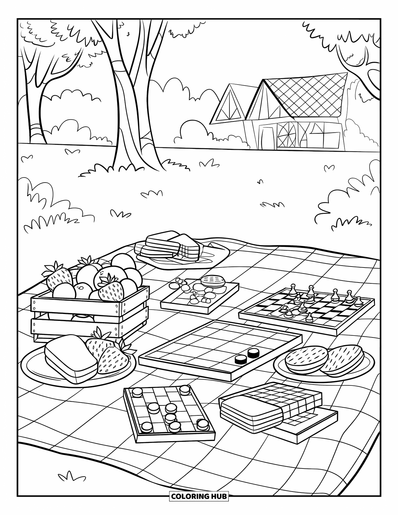 July Coloring Page for Kids: Picnic setup with fruits, sandwiches, board games, and park trees