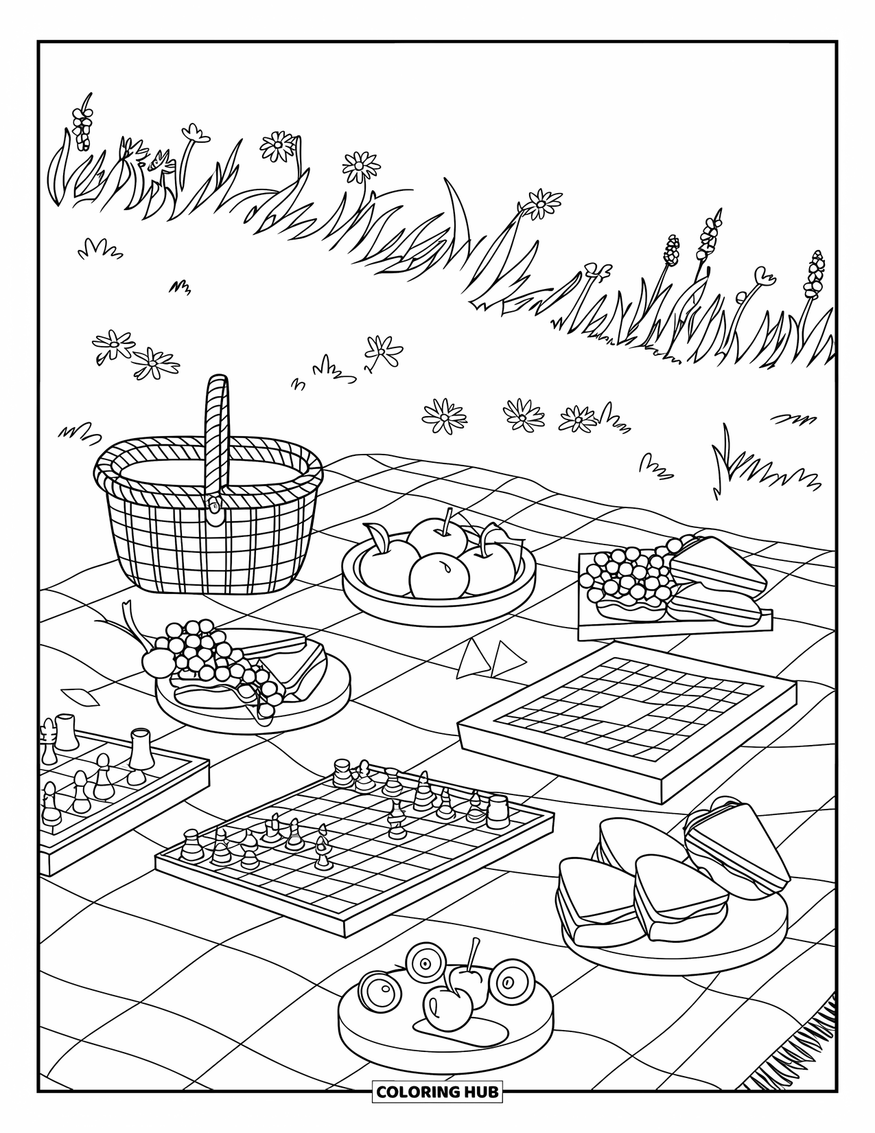 July Coloring Page for Kids: Picnic with fruits, sandwiches, and board games spread on blanket