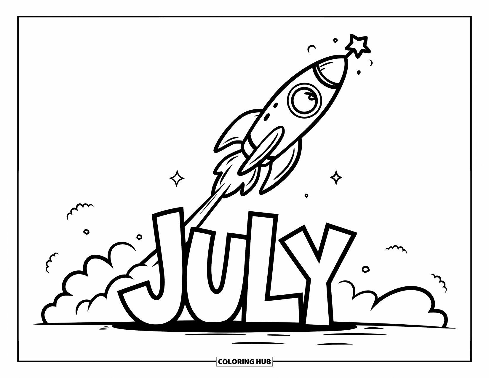 July Coloring Page for Kids: Rocket launches leaving smoke trail with large ìJulyî in front