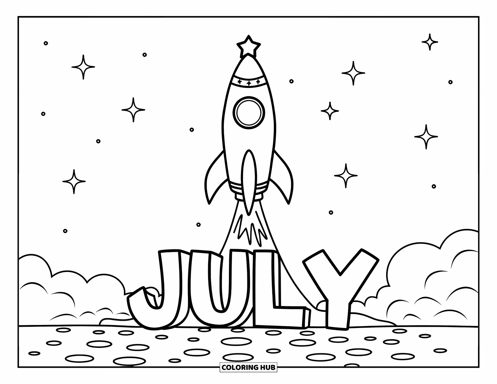 July Coloring Page for Kids: Rocket launches with star on top, sparks trailing, and ìJulyî below