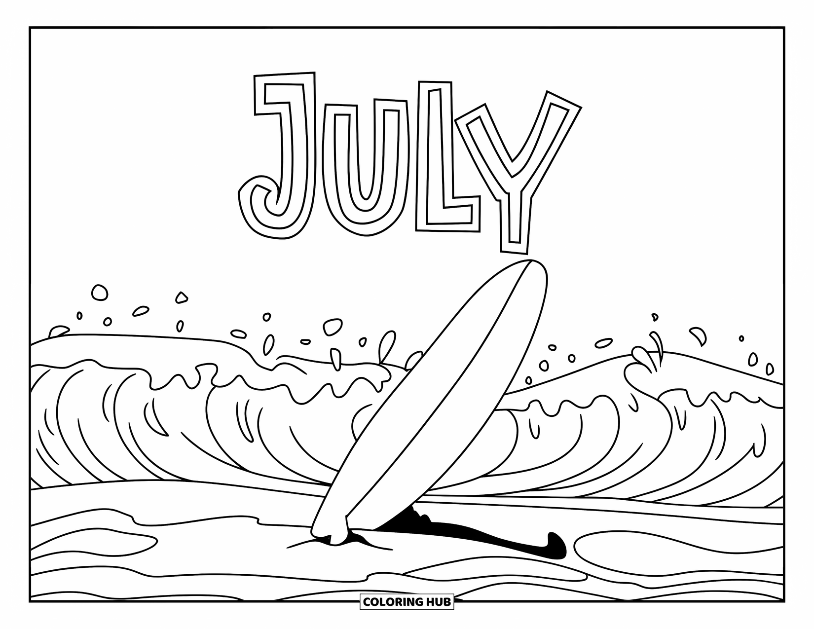 July Coloring Page for Kids: Surfboard in sand with waves and ìJulyî in the corner
