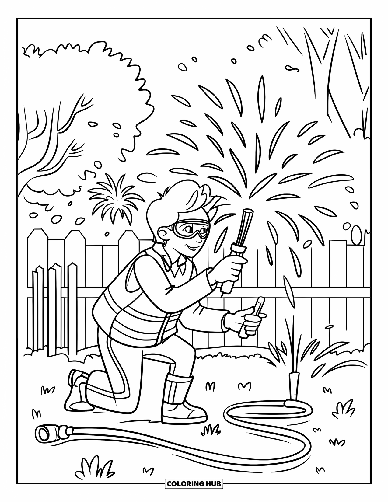 July Coloring Page for Kids: Teen safely sets off backyard fireworks with hose and safety gear