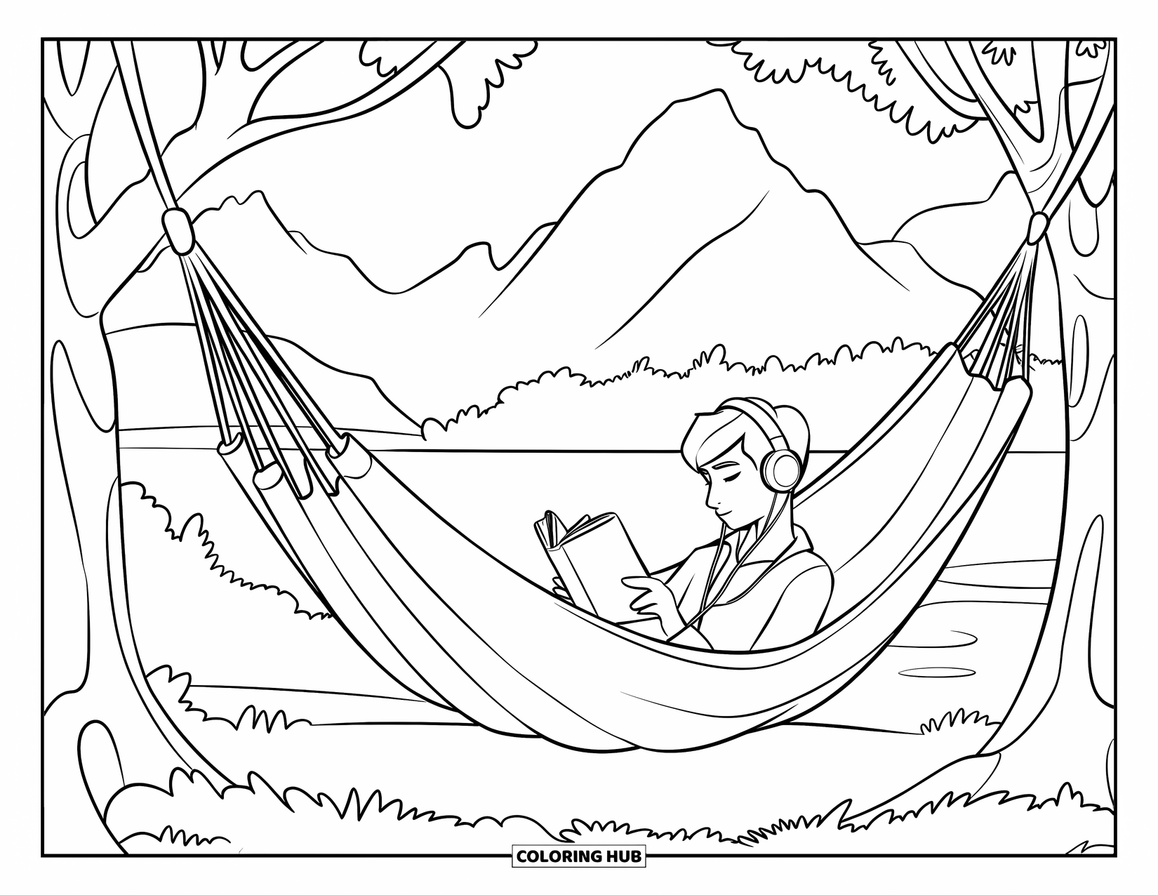 July Coloring Page for Kids: Teenager reads in a hammock with headphones near trees and water