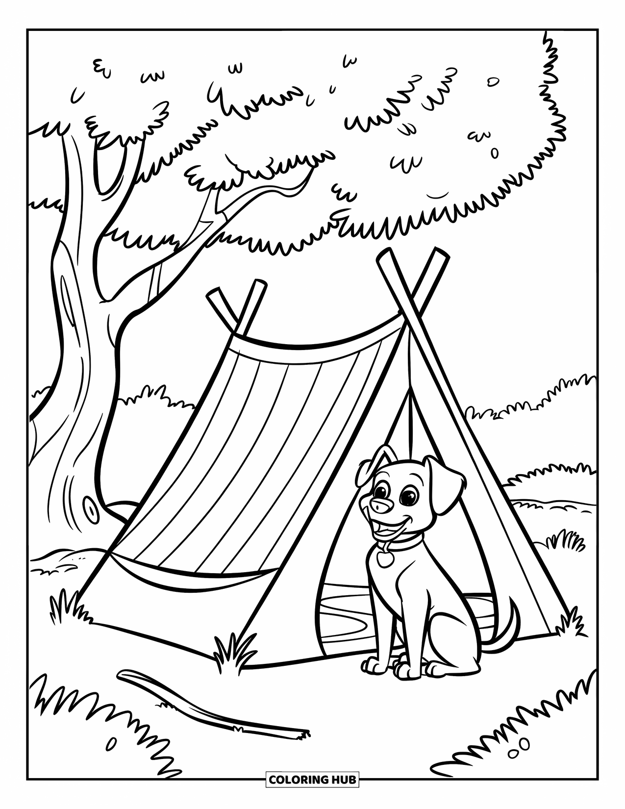 July Coloring Page for Kids: Tent under tree with dog sitting nearby and stick on grass