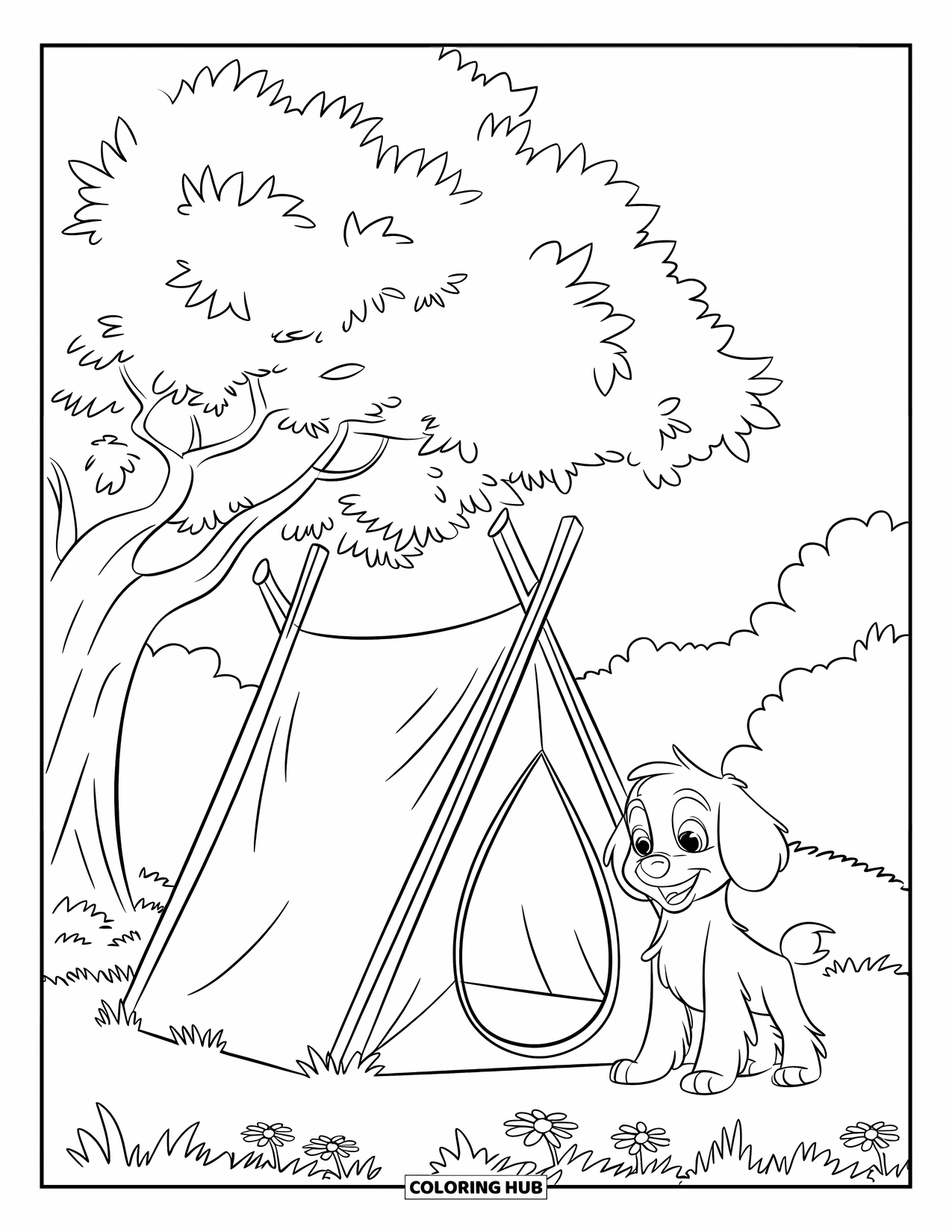 July Coloring Page for Kids: Tent with door under tree, fluffy dog sits by flowers and grass