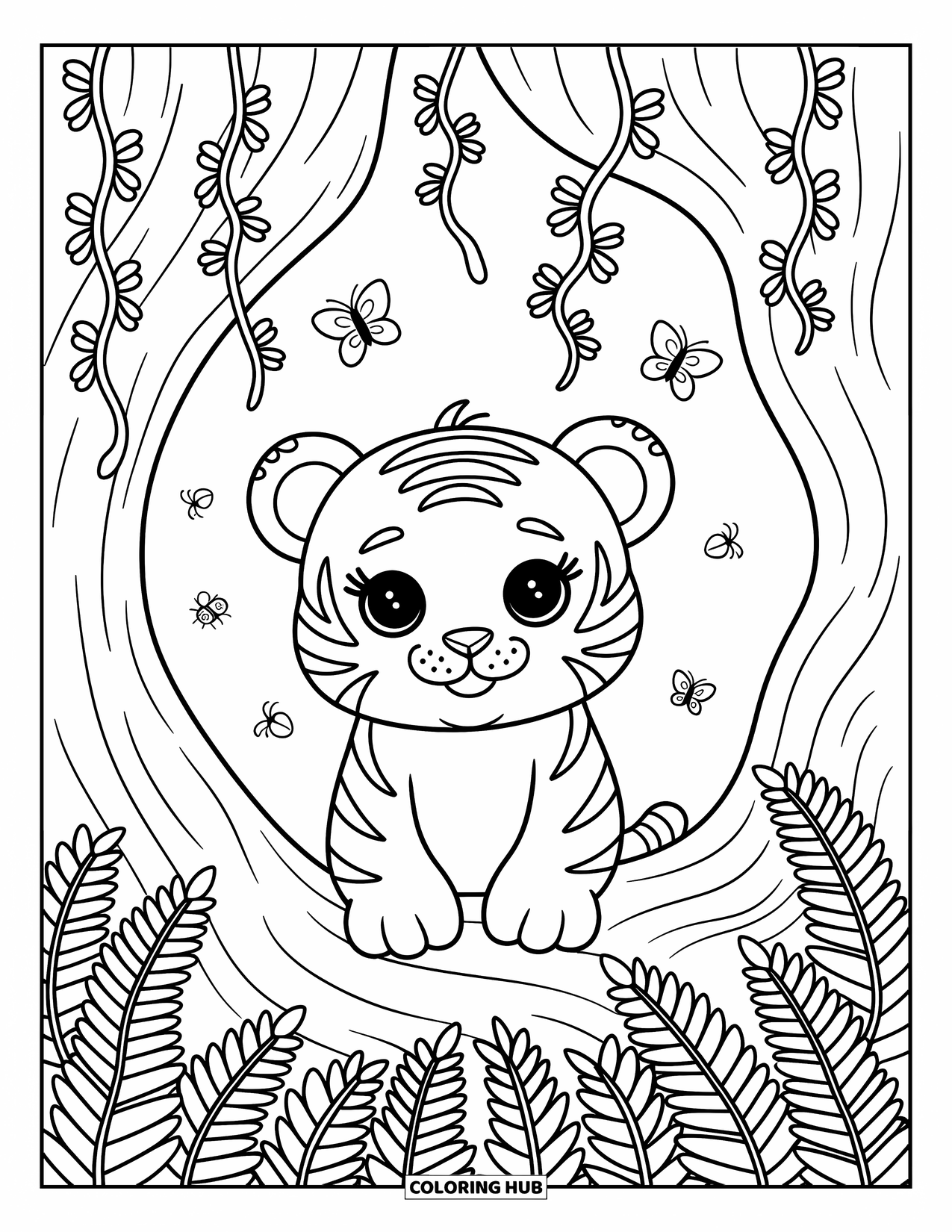 Jungle Animals Coloring Page for Adults: Baby tiger hiding among jungle grass with butterflies and beetles