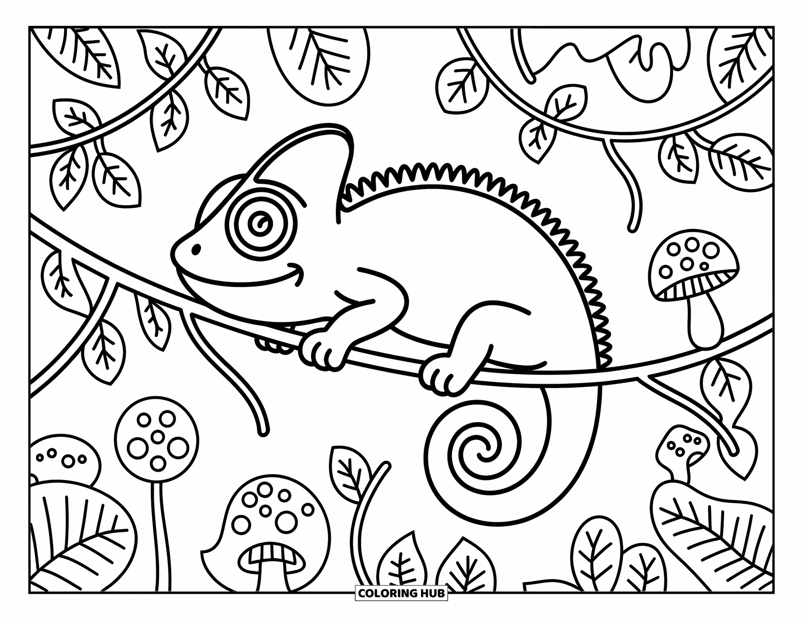 Jungle Animals Coloring Page for Adults: Chameleon blending into jungle branches with mushrooms, vines, and leafy clusters