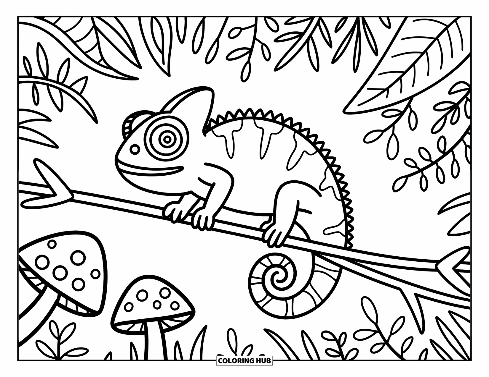 Jungle Animals Coloring Page for Adults: Chameleon with swirly eyes clinging to thin jungle branches with mushrooms and vines