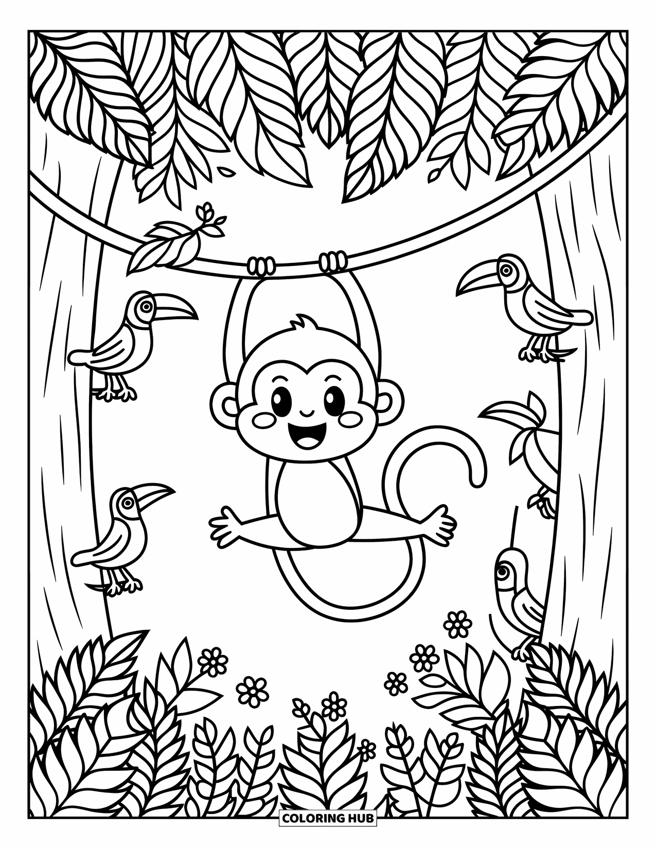 Jungle Animals Coloring Page for Adults: Cheerful monkey swinging from a jungle vine with toucans and flowers
