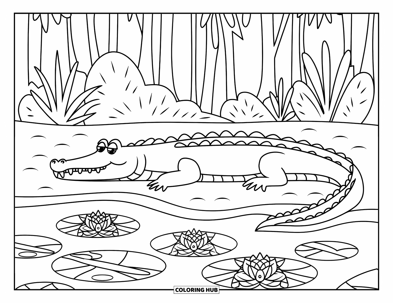 Jungle Animals Coloring Page for Adults: Crocodile resting by a jungle pond with patterned water lilies