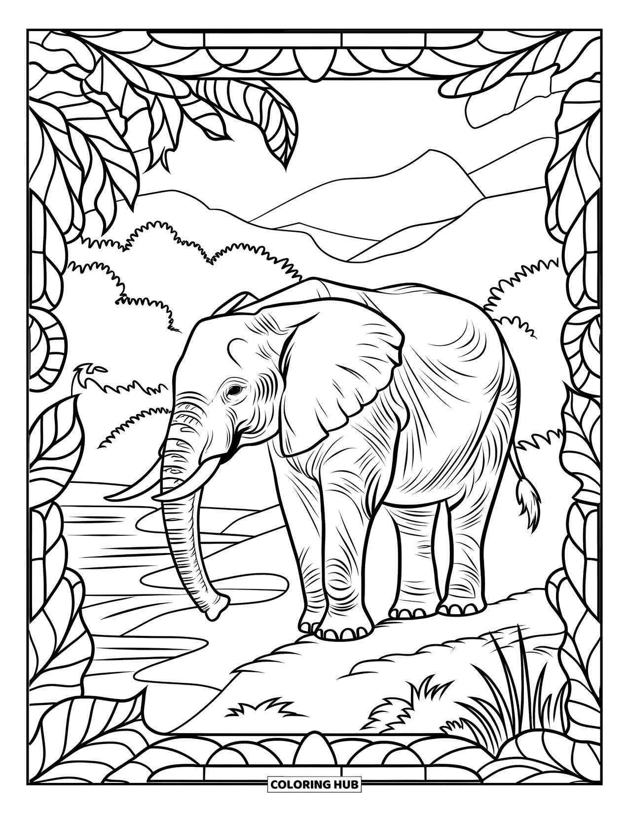 Jungle Animals Coloring Page for Adults: Elephant standing near river framed by stained glass jungle leaves