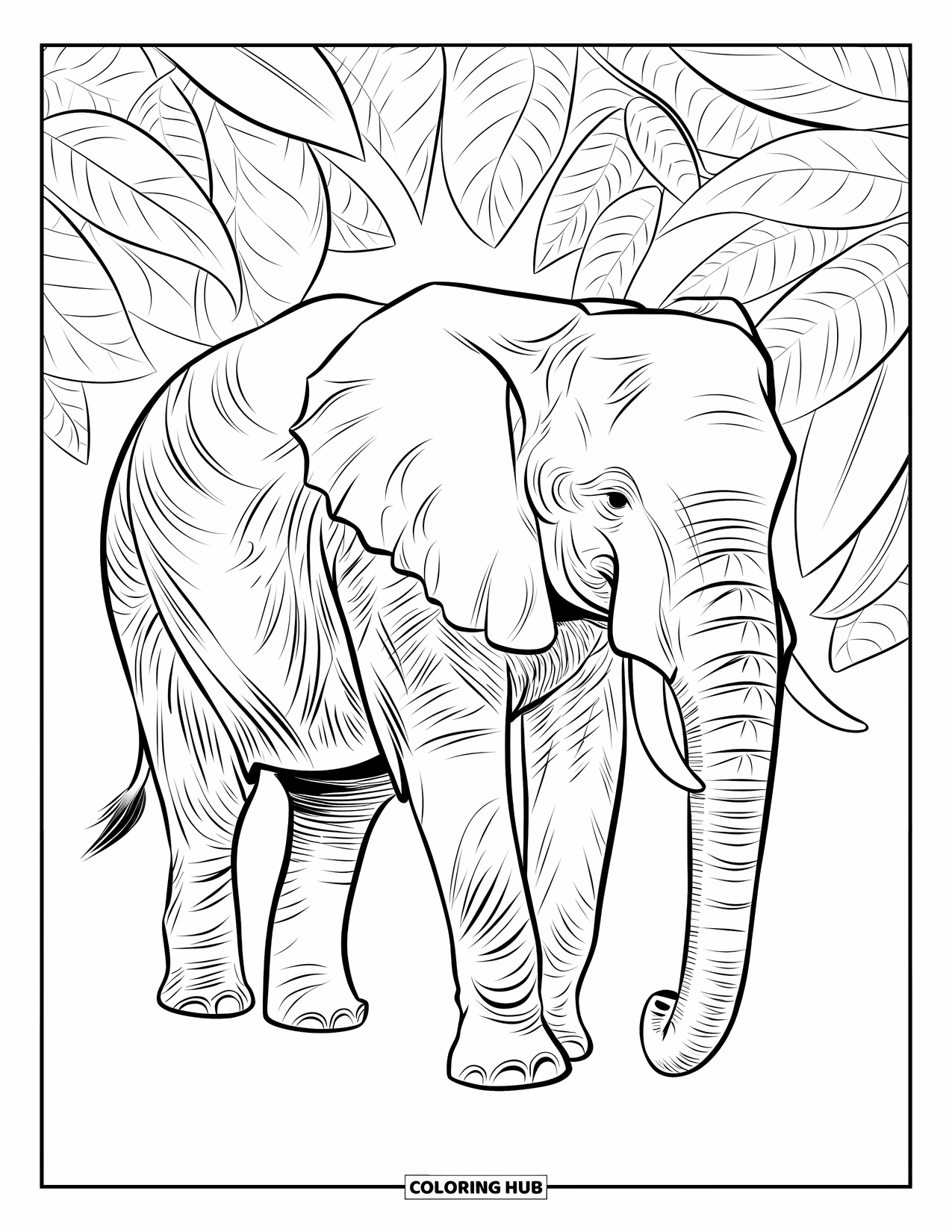 Jungle Animals Coloring Page for Adults: Elephant surrounded by stained glass jungle leaf patterns
