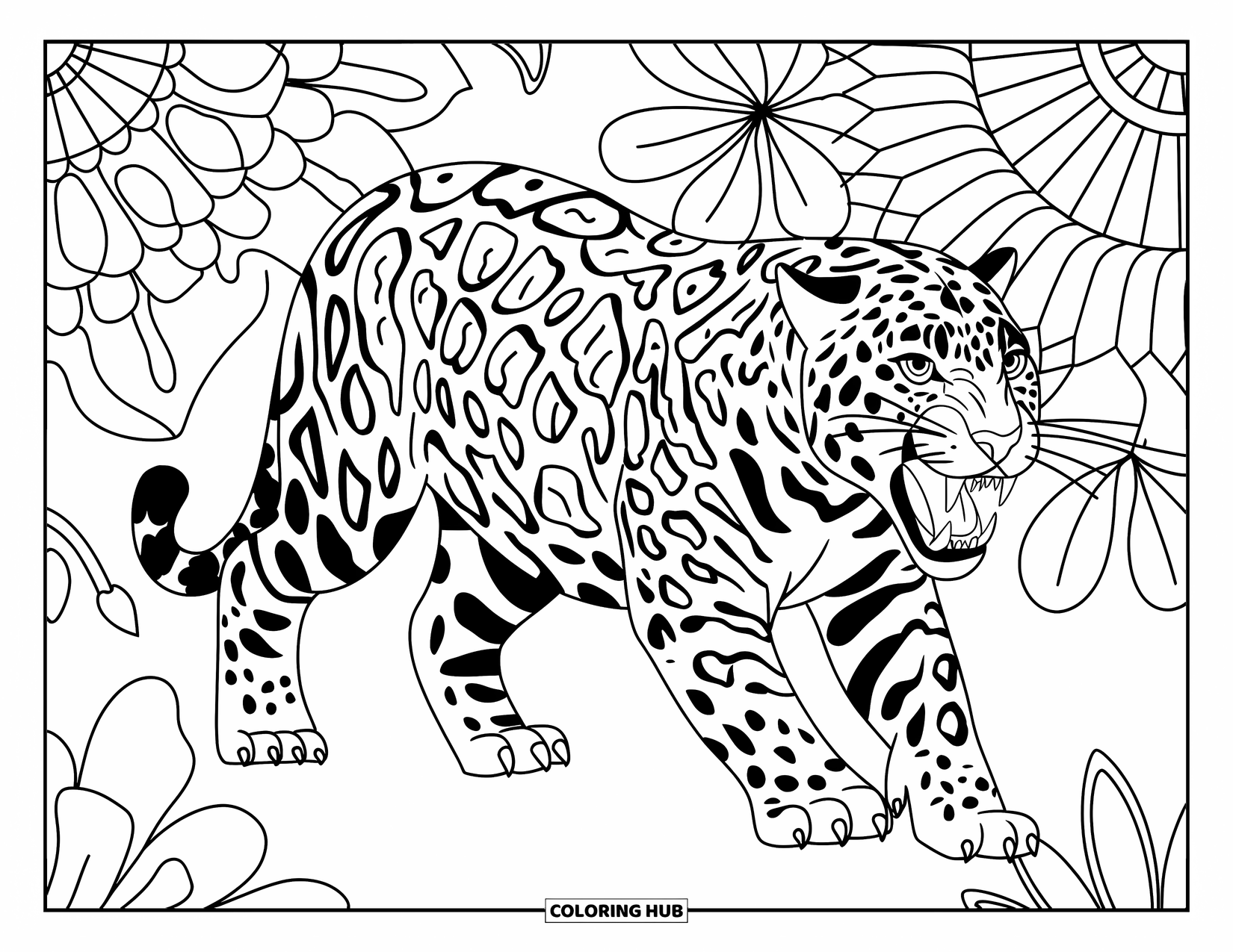 Jungle Animals Coloring Page for Adults: Jaguar with mouth open prowling near large jungle flowers