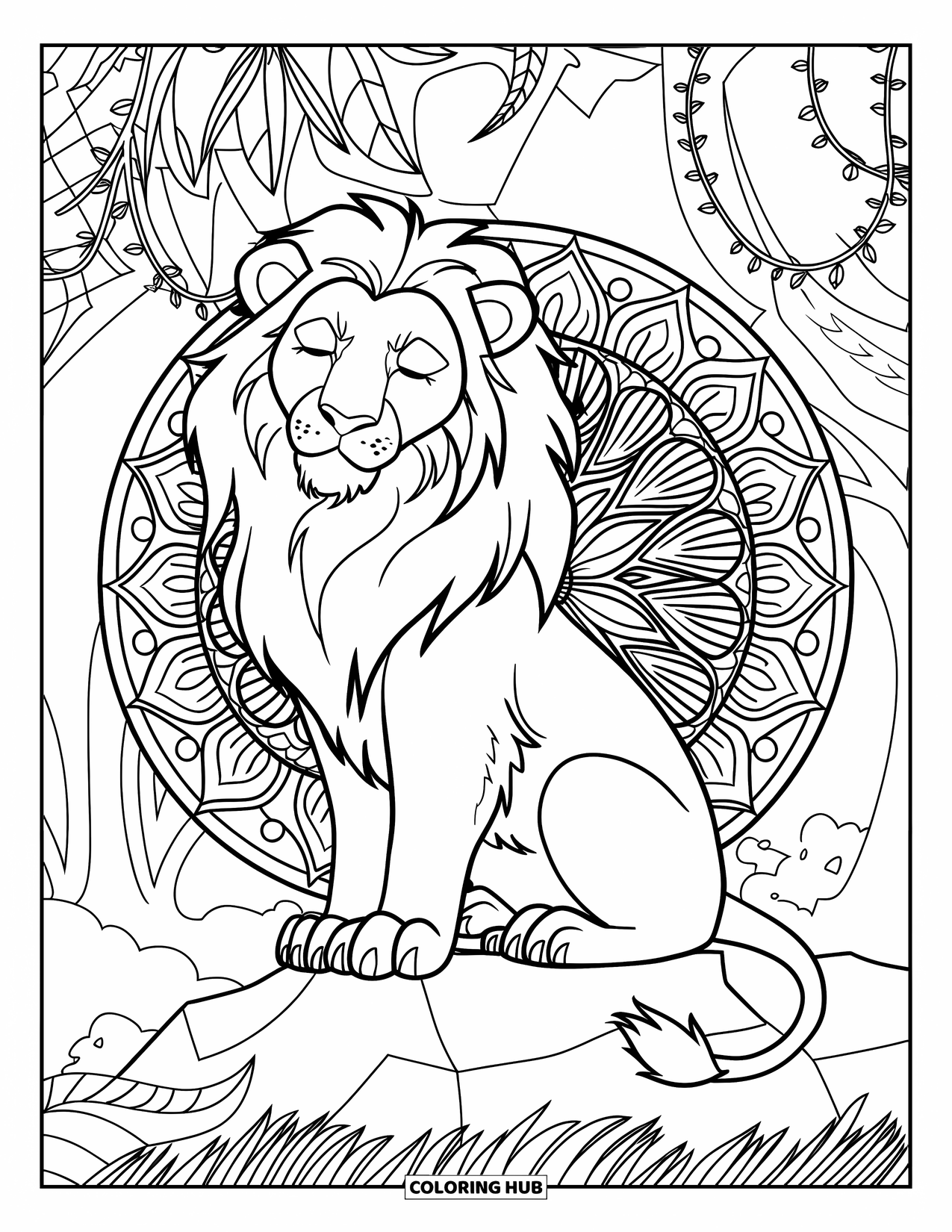 Jungle Animals Coloring Page for Adults: Lion resting on rock among vines and mandala patterns