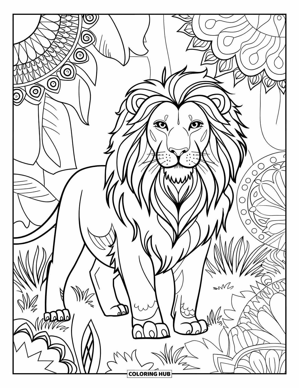 Jungle Animals Coloring Page for Adults: Lion standing on rock surrounded by leaves and mandalas