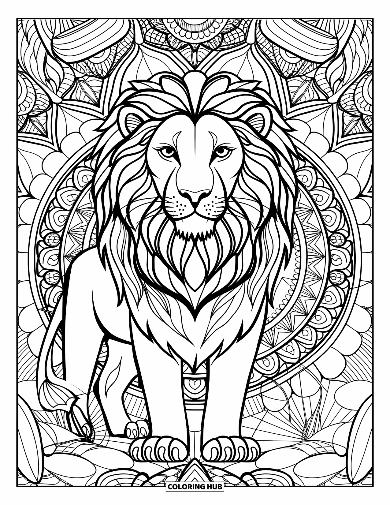Jungle Animals Coloring Page for Adults: Majestic lion surrounded by botanical mandalas in jungle