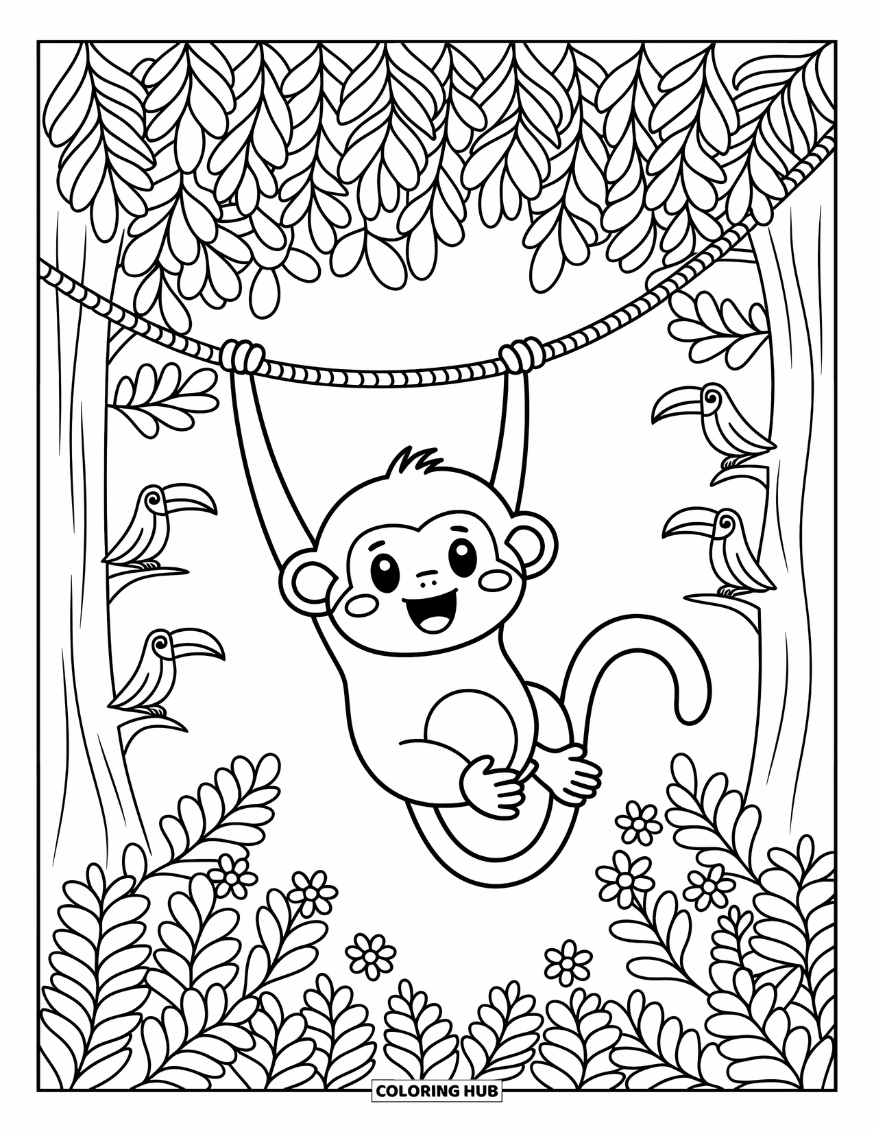 Jungle Animals Coloring Page for Adults: Monkey playing on vine with toucans and jungle flowers