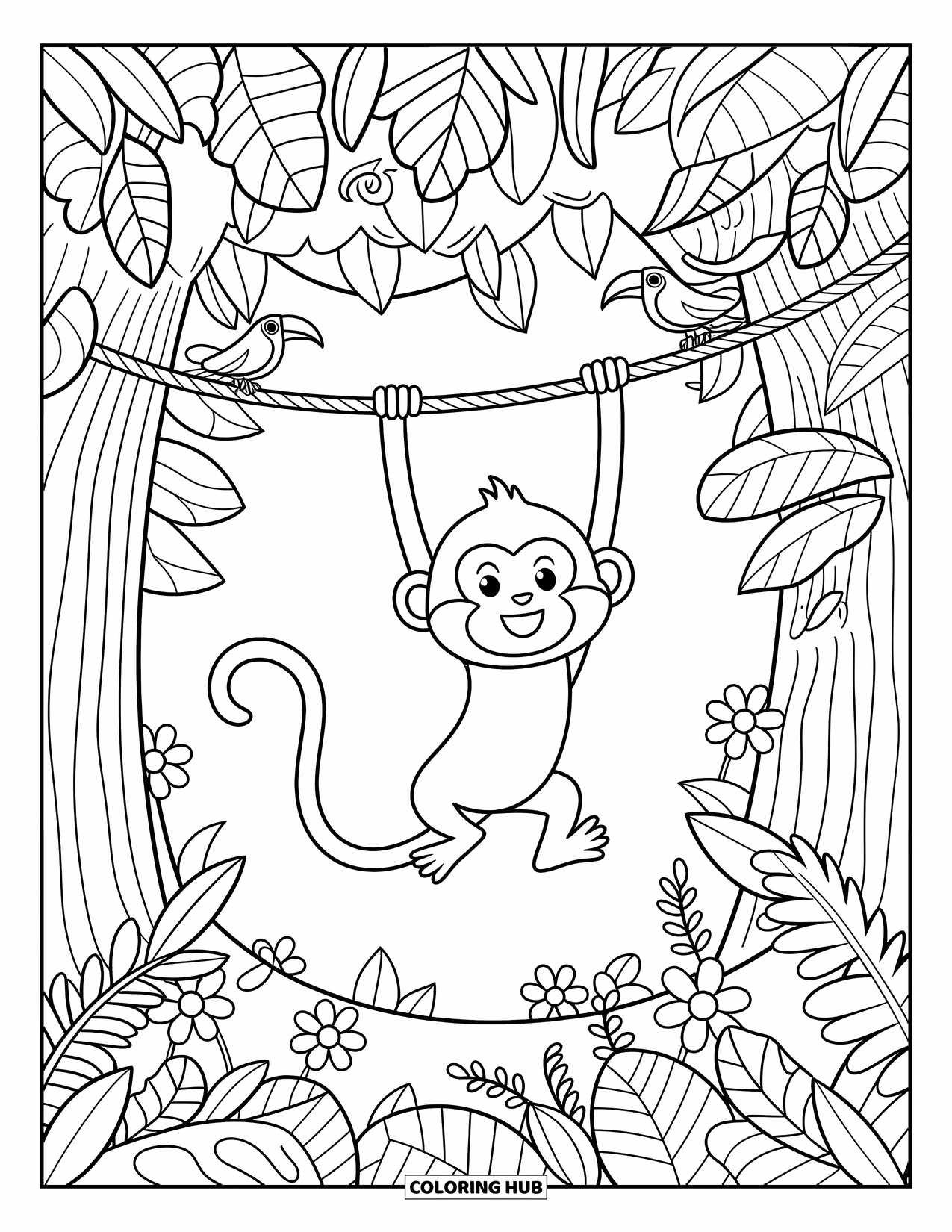 Jungle Animals Coloring Page for Adults: Monkey with fluffy cheeks swinging from vine under jungle canopy