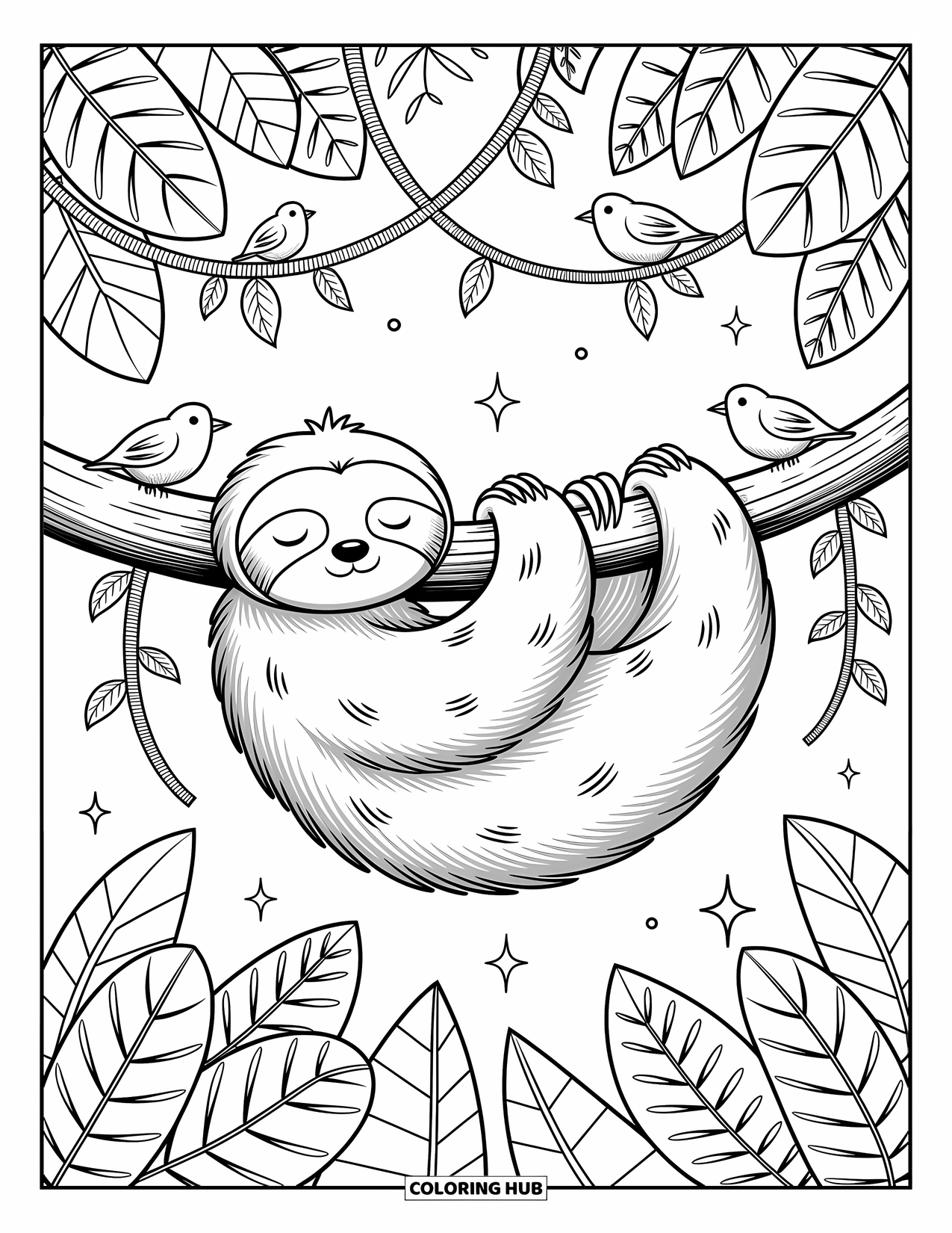 Jungle Animals Coloring Page for Adults: Sloth hanging calmly on branch with curling vines and perched birds