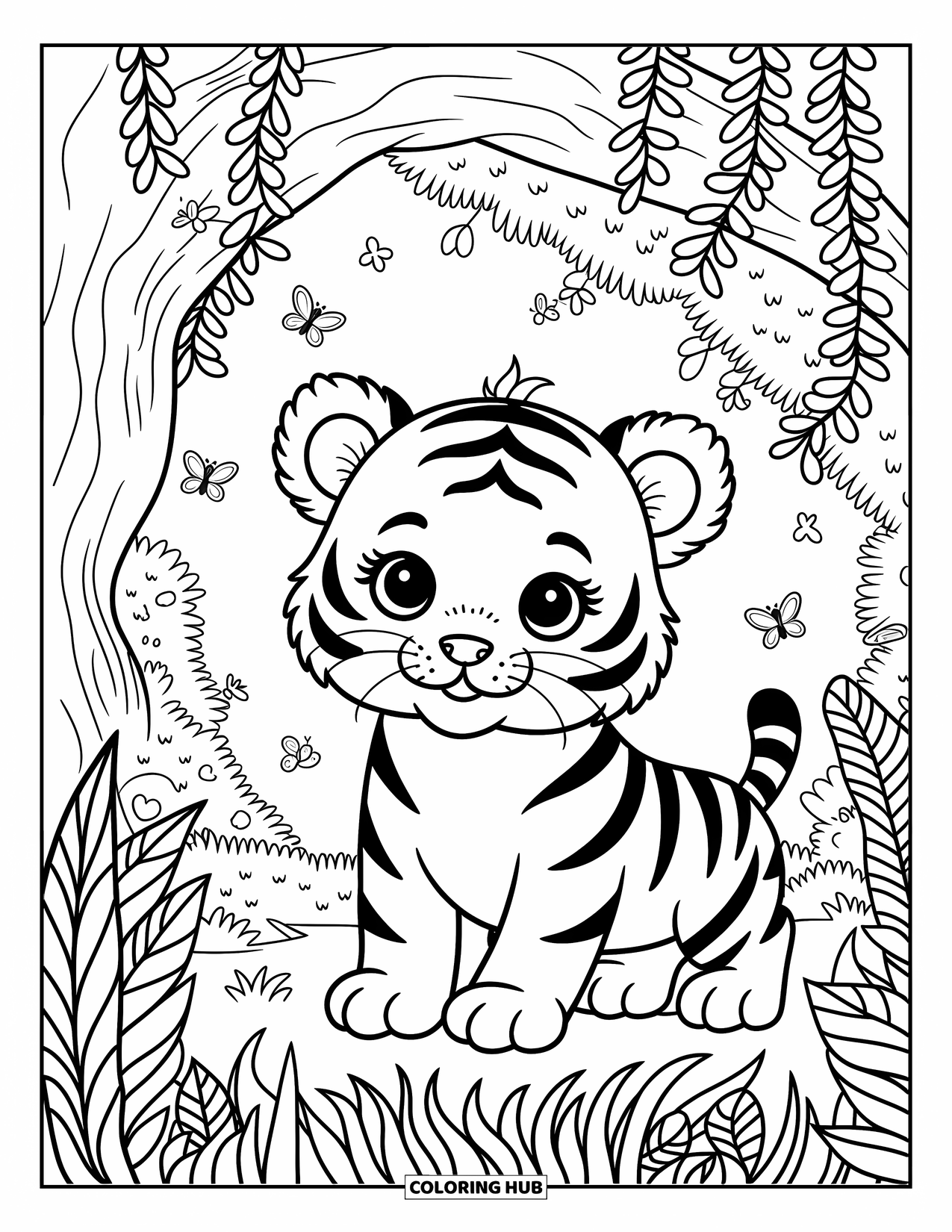 Jungle Animals Coloring Page for Adults: Tiger cub peeking from lush ferns with mossy tree backdrop