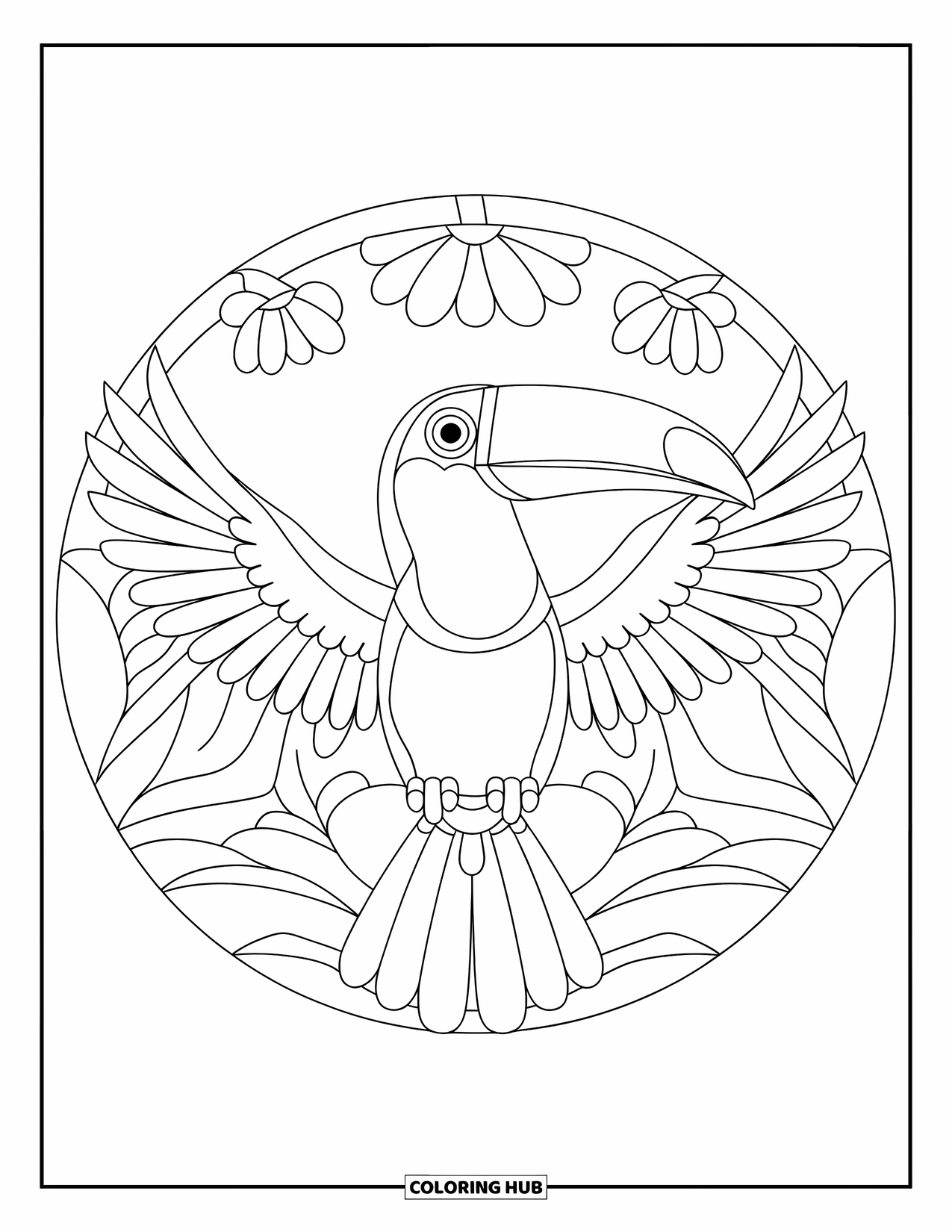 Jungle Animals Coloring Page for Adults: Toucan resting on branch with circular floral patterns around