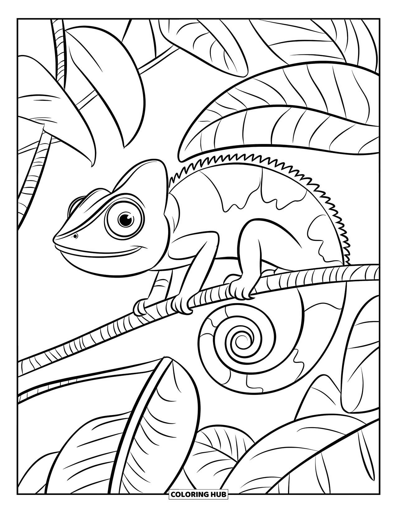 Jungle Animals Coloring Page for Kids: Chameleon blending into large leafy branches with wide eyes