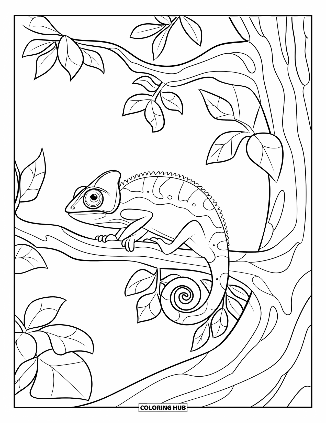 Jungle Animals Coloring Page for Kids: Chameleon gripping a branch surrounded by layered jungle leaves