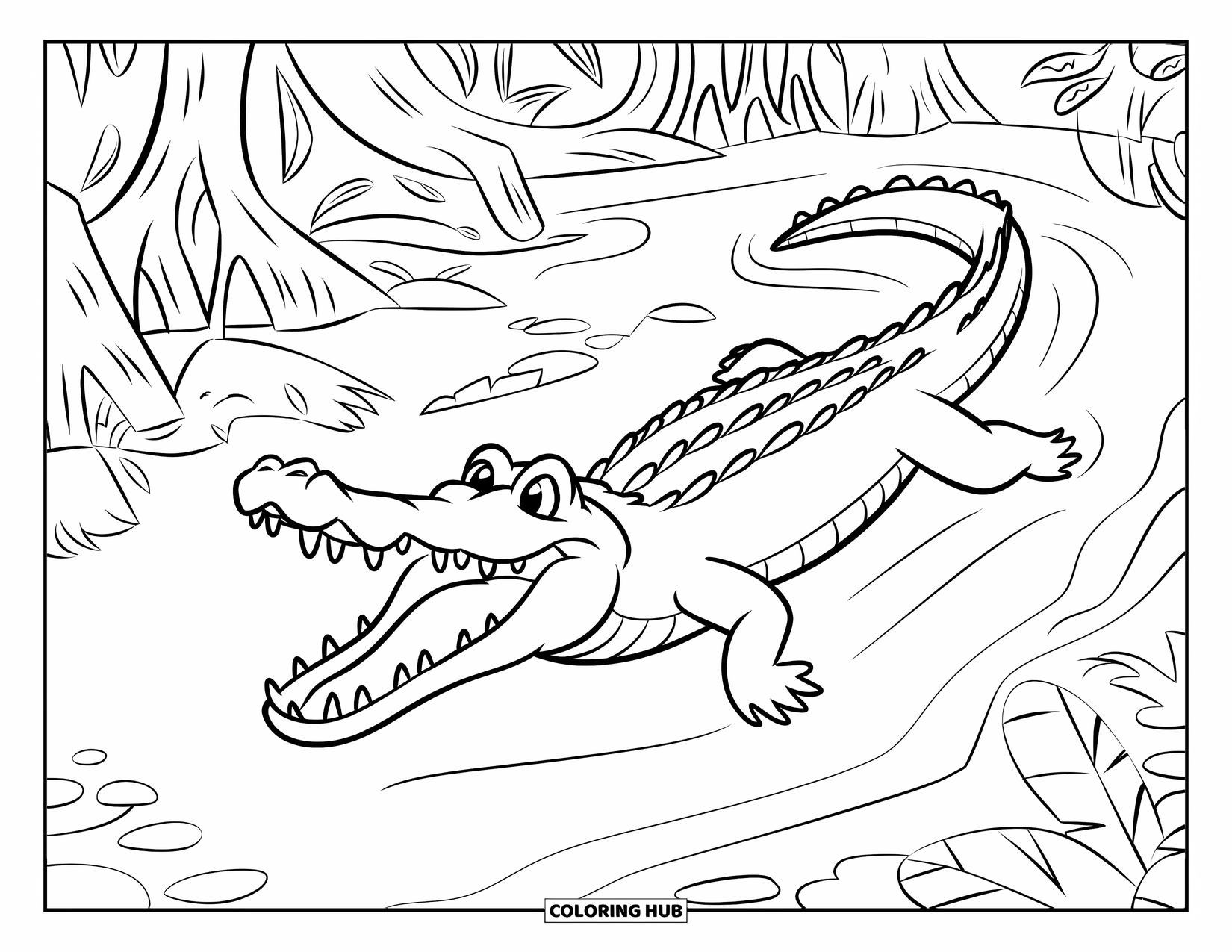 Jungle Animals Coloring Page for Kids: Crocodile swimming in swampy water surrounded by trees and floating plants
