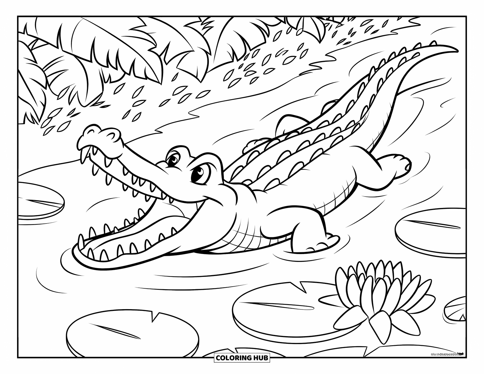 Jungle Animals Coloring Page for Kids: Crocodile swimming through a swamp with water lilies and jungle plants