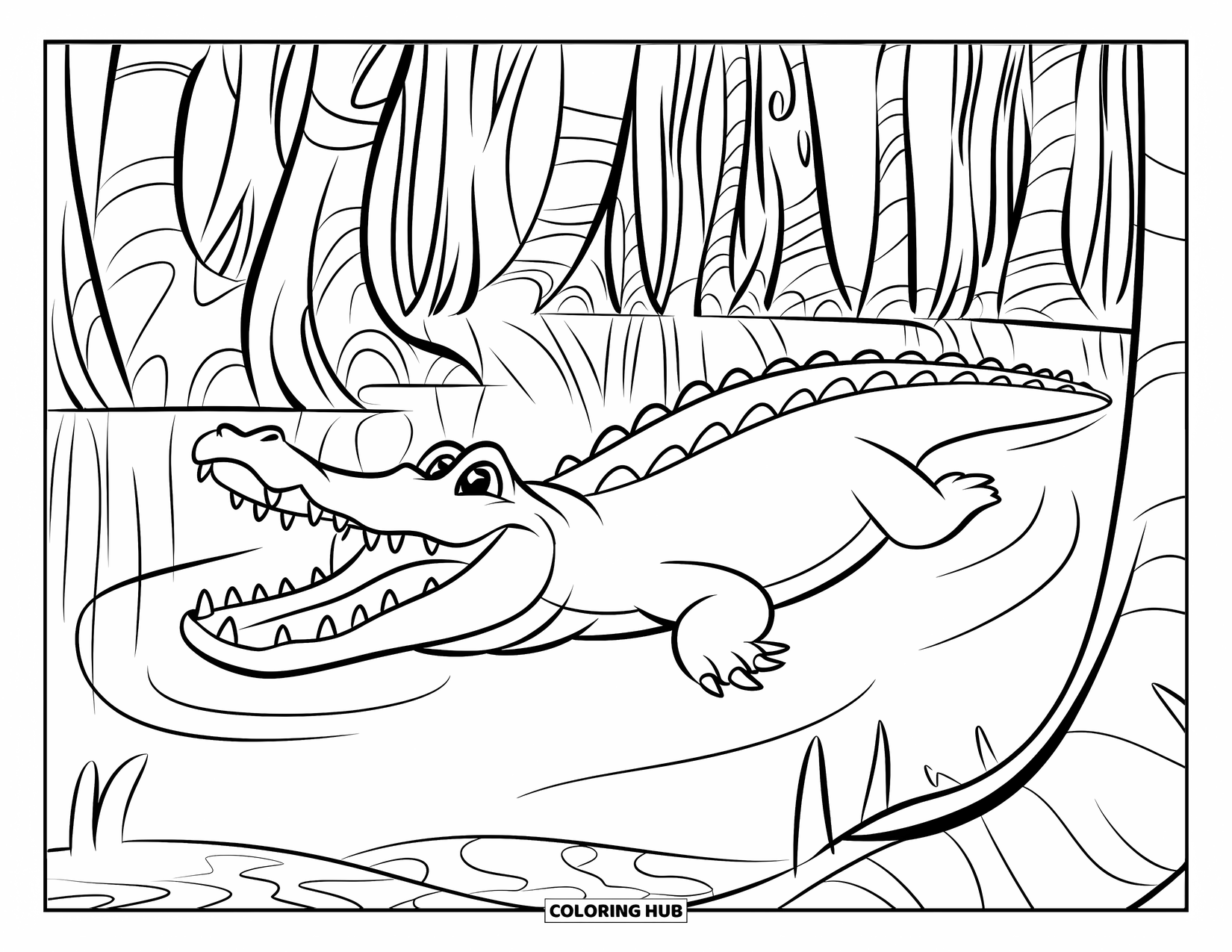 Jungle Animals Coloring Page for Kids: Crocodile with open mouth swimming in a calm swamp with tall trees