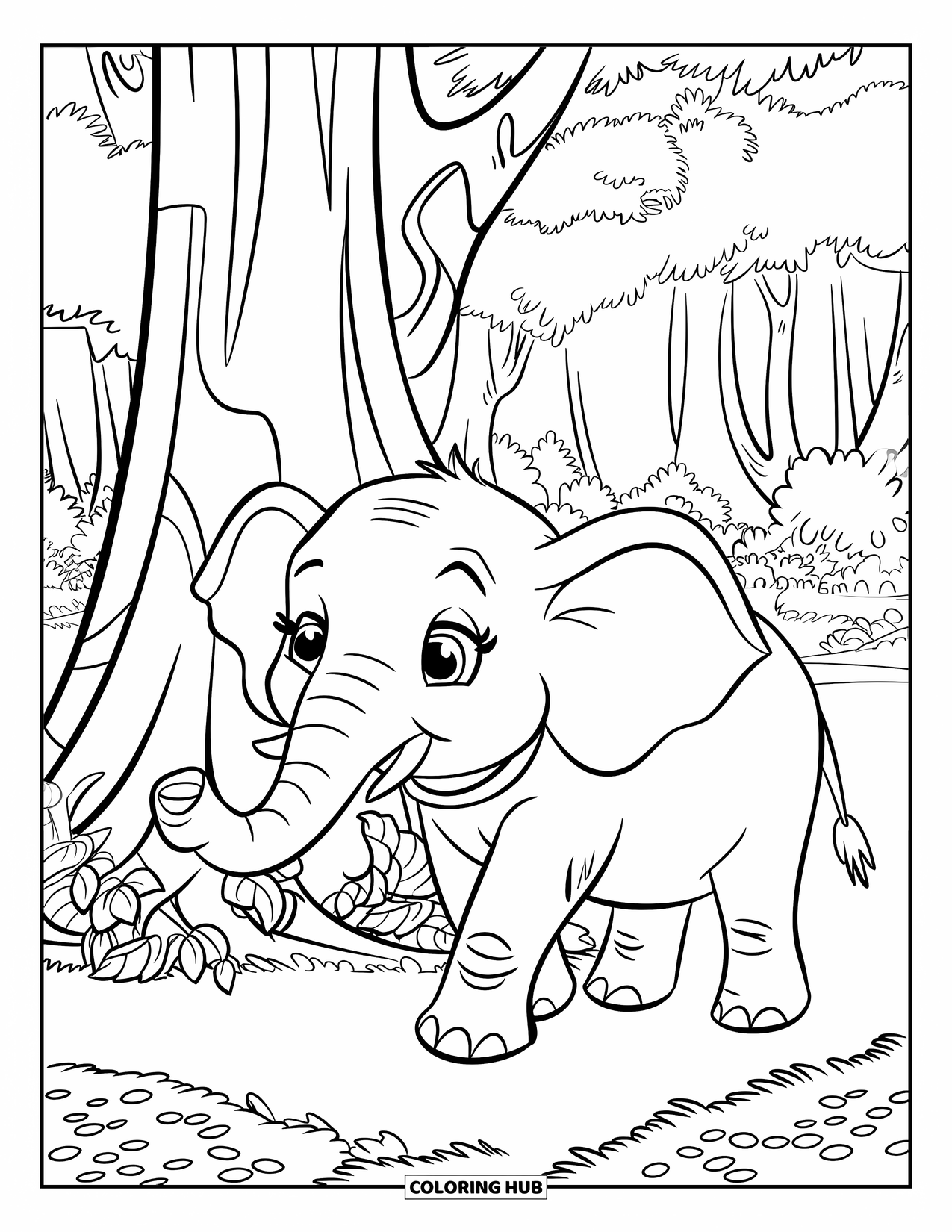 Jungle Animals Coloring Page for Kids: Elephant beside a tree with large jungle leaves