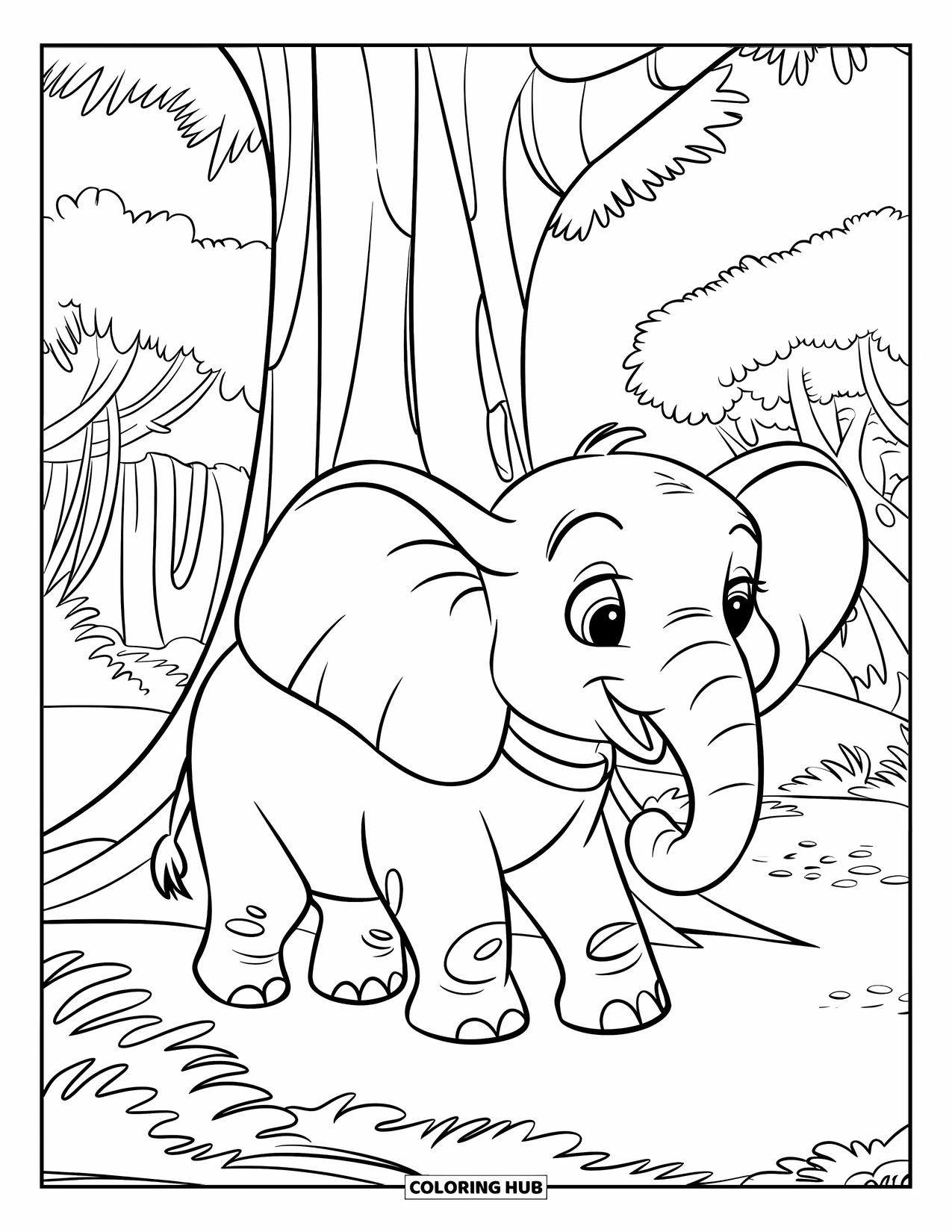Jungle Animals Coloring Page for Kids: Elephant with collar walking under a wide jungle tree