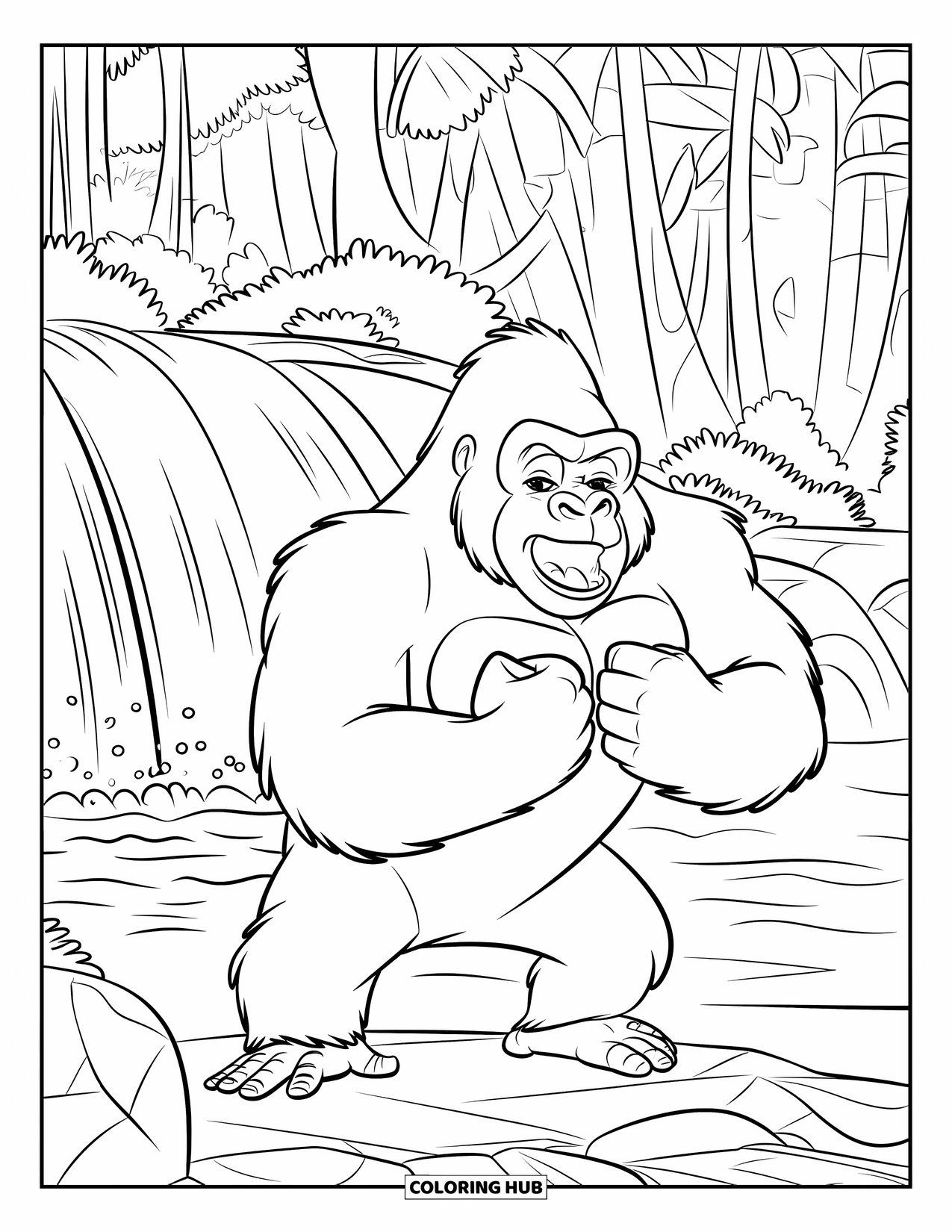 Jungle Animals Coloring Page for Kids: Gorilla beating chest beside waterfall and dense jungle trees