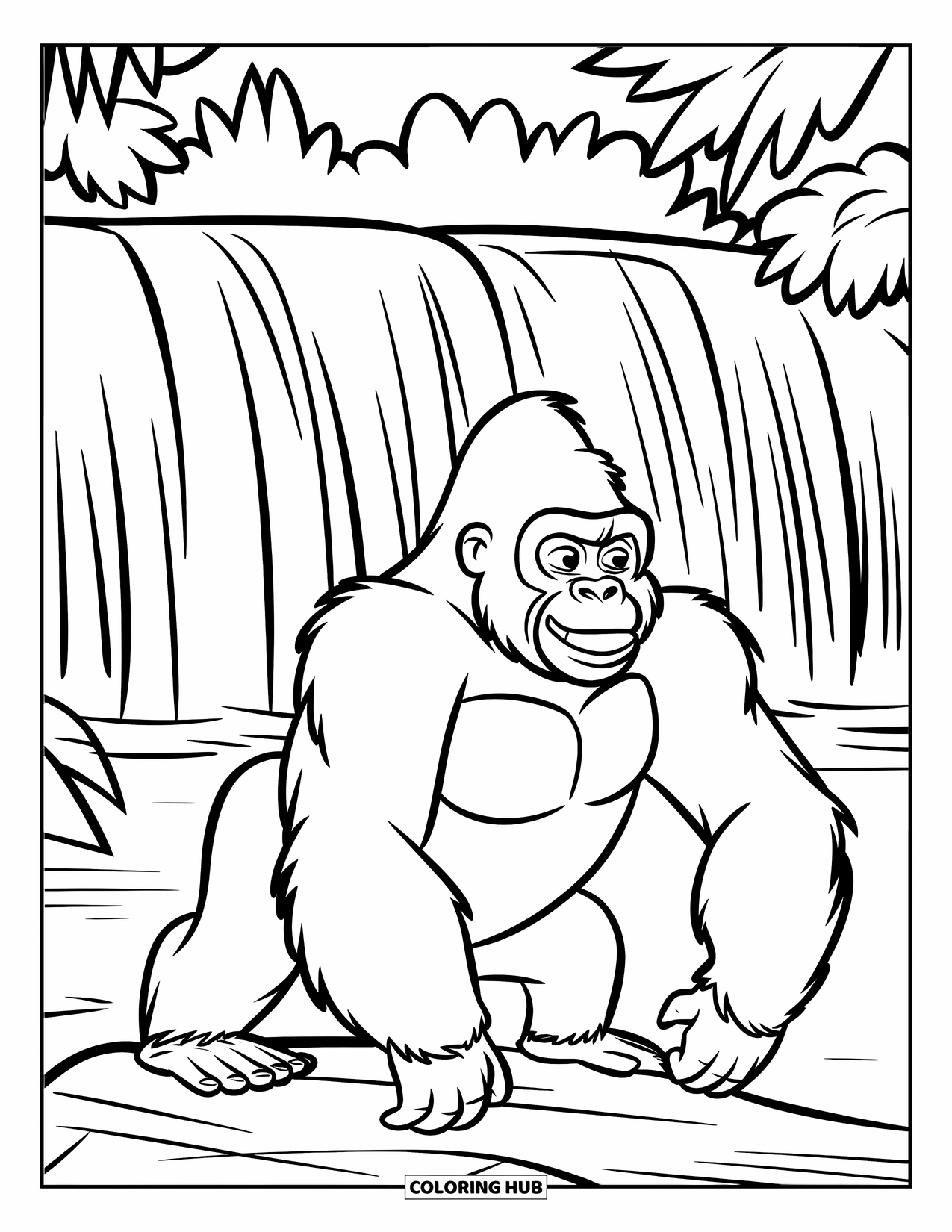 Jungle Animals Coloring Page for Kids: Gorilla pounding its chest on a rock near a waterfall
