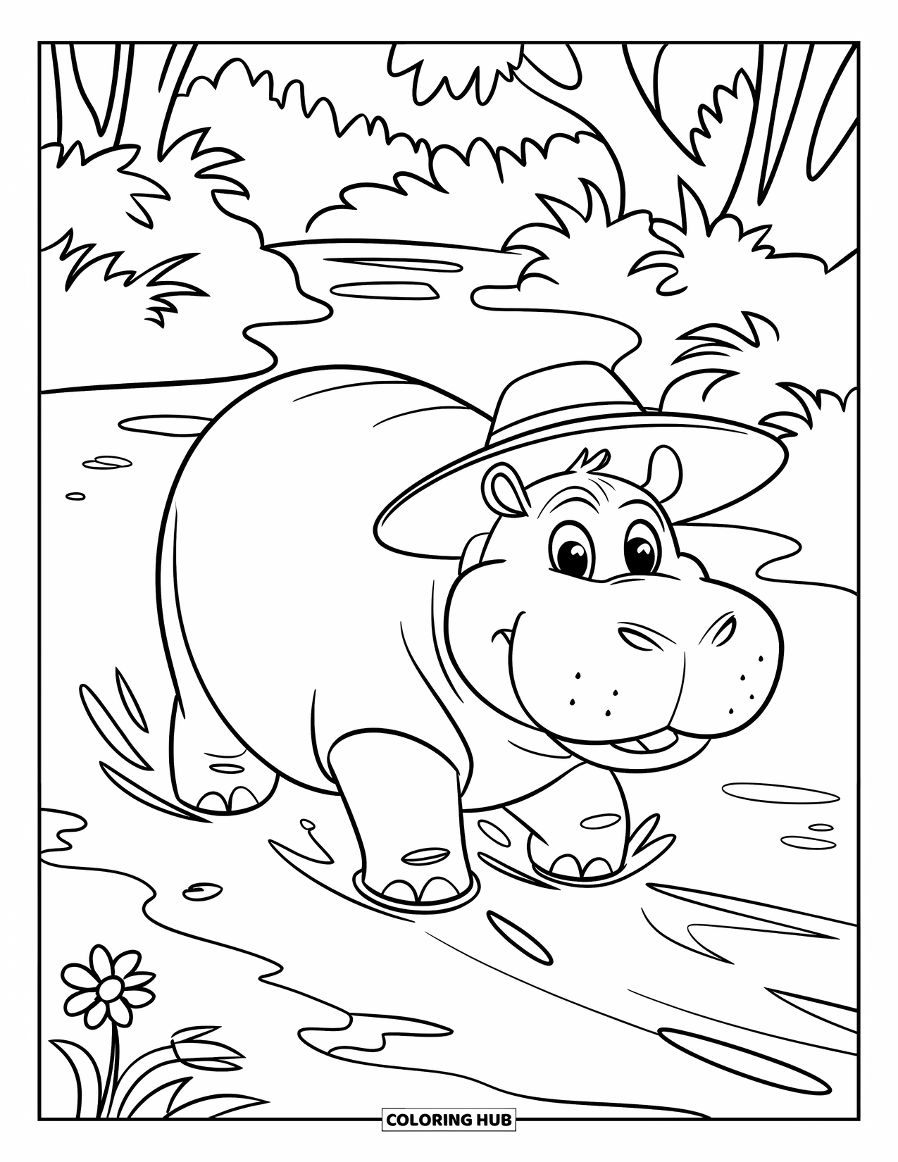 Jungle Animals Coloring Page for Kids: Hippo in straw hat walking along muddy jungle trail