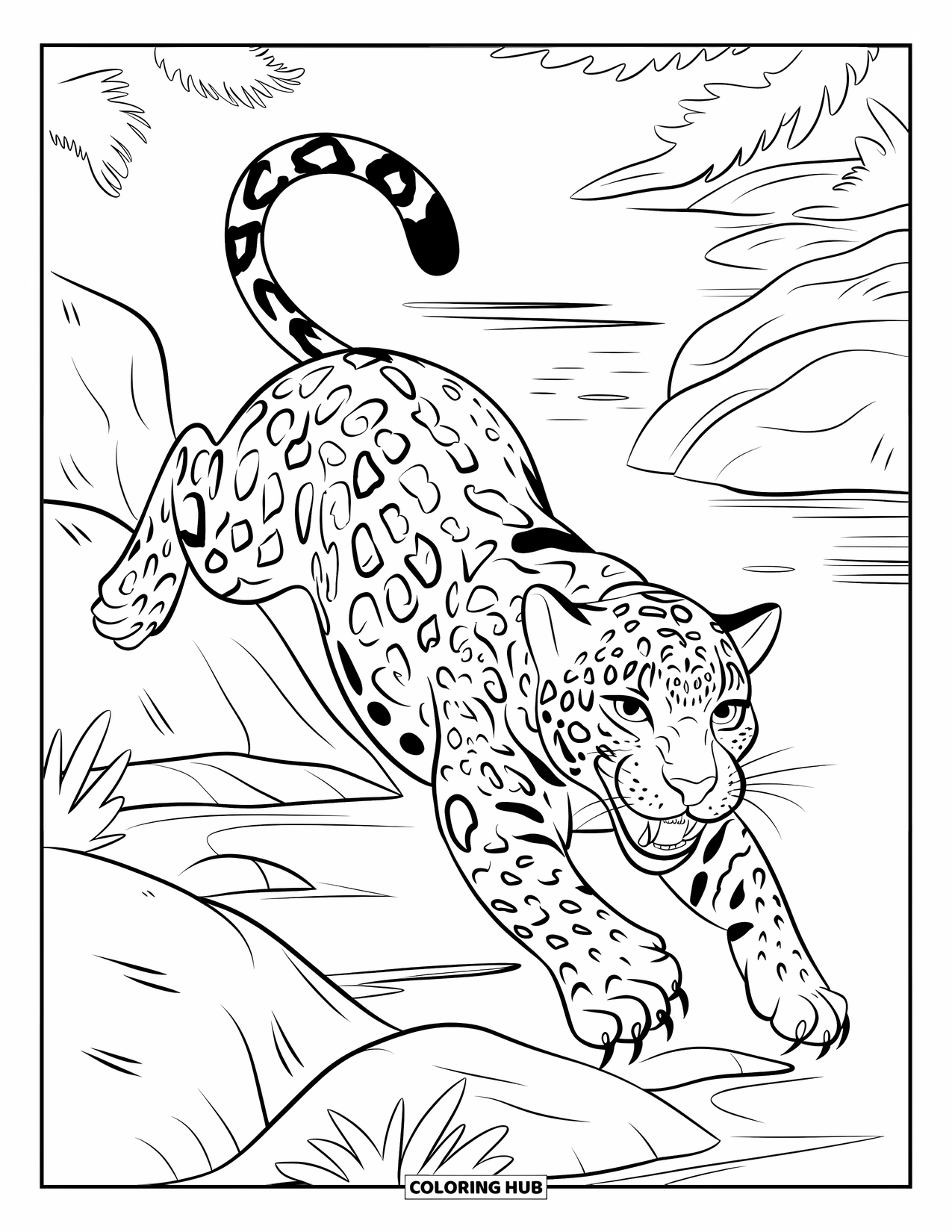 Jungle Animals Coloring Page for Kids: Jaguar leaping between rocks near a jungle river